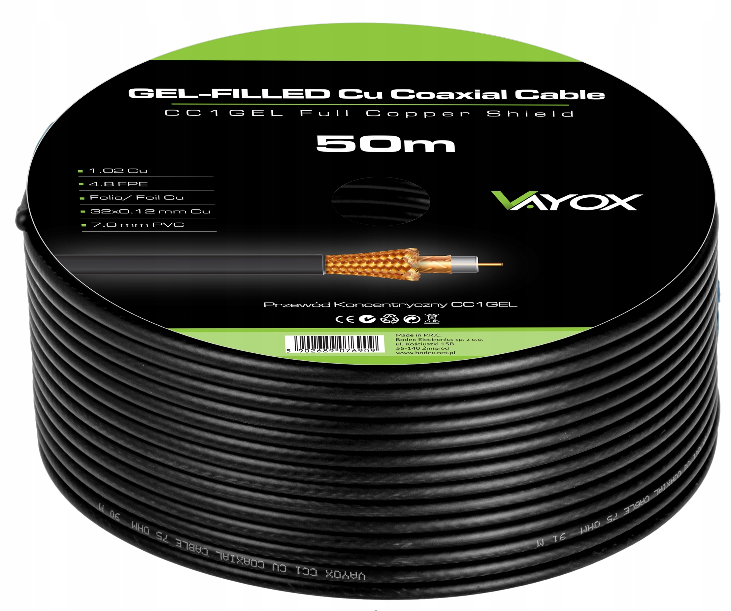 Czarny kabel koncentryczny na rolce, logo VAYOX, 50m.