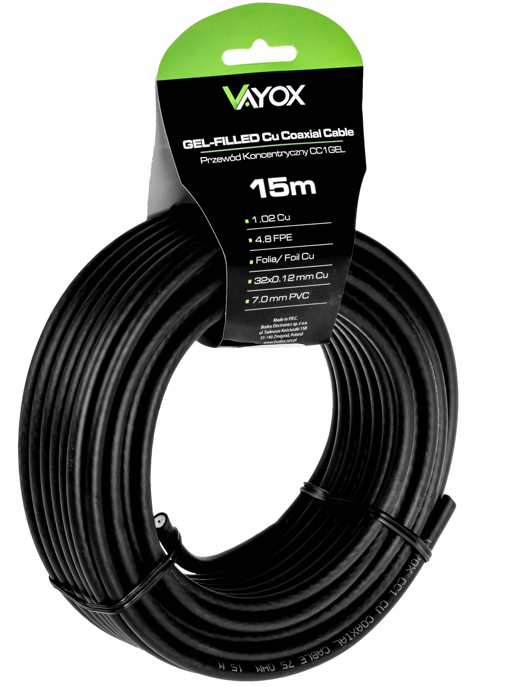 Czarny kabel koncentryczny Vayox 15m ze specyfikacjami na opakowaniu.