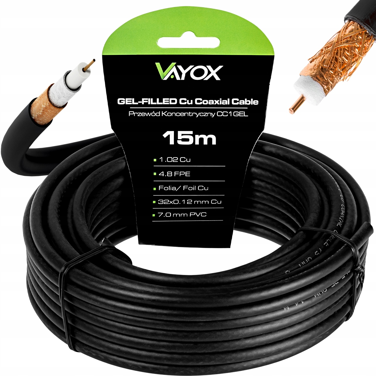 Czarny kabel koncentryczny 15m z logo Vayox, nawinięty ze szczegółami produktu.