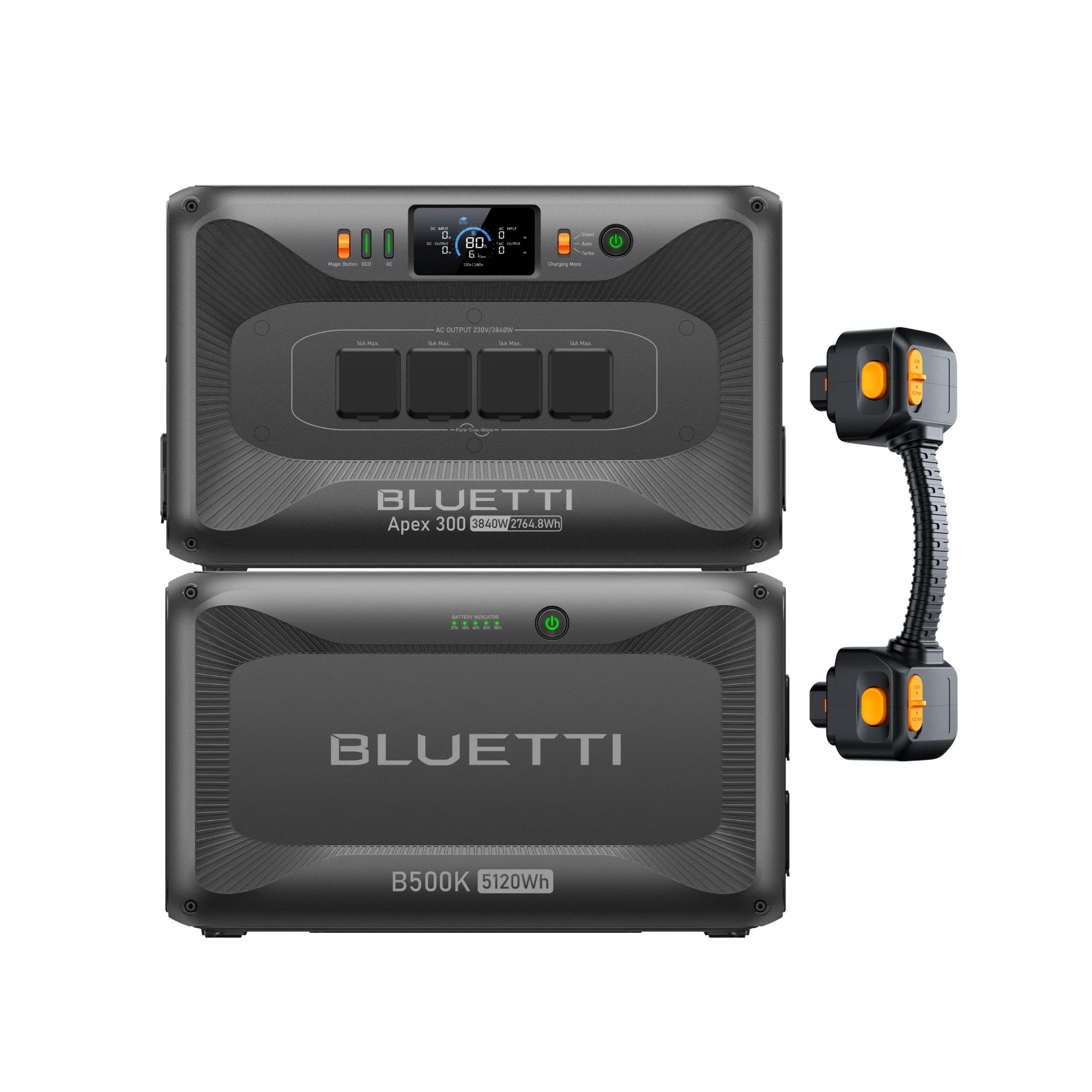 Dwie stacje zasilania BLUETTI, jedna z ekranem i czterema gniazdami, druga ze wskaźnikiem ładowania.