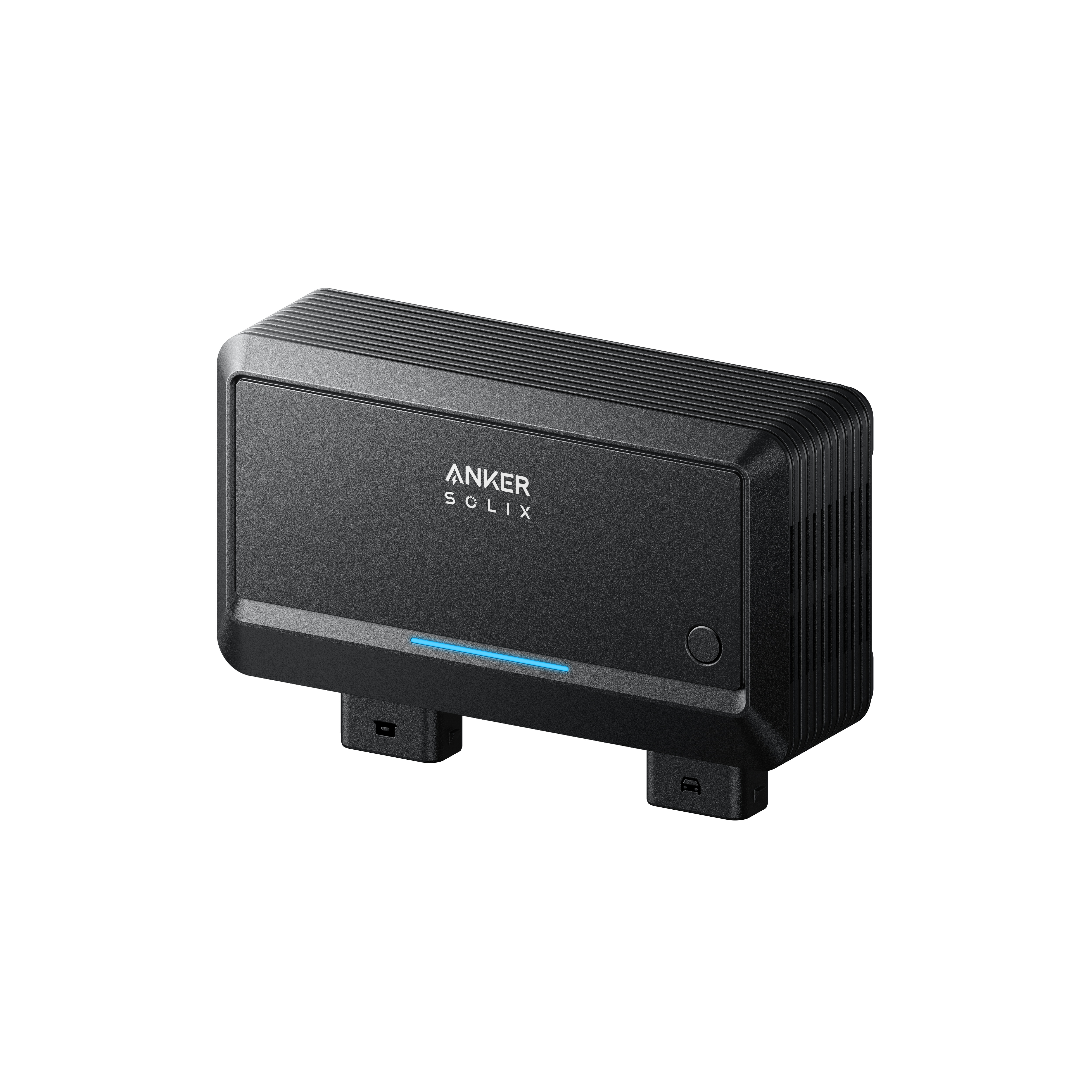 Czarne urządzenie Anker Solix z otworami wentylacyjnymi i niebieską diodą LED.