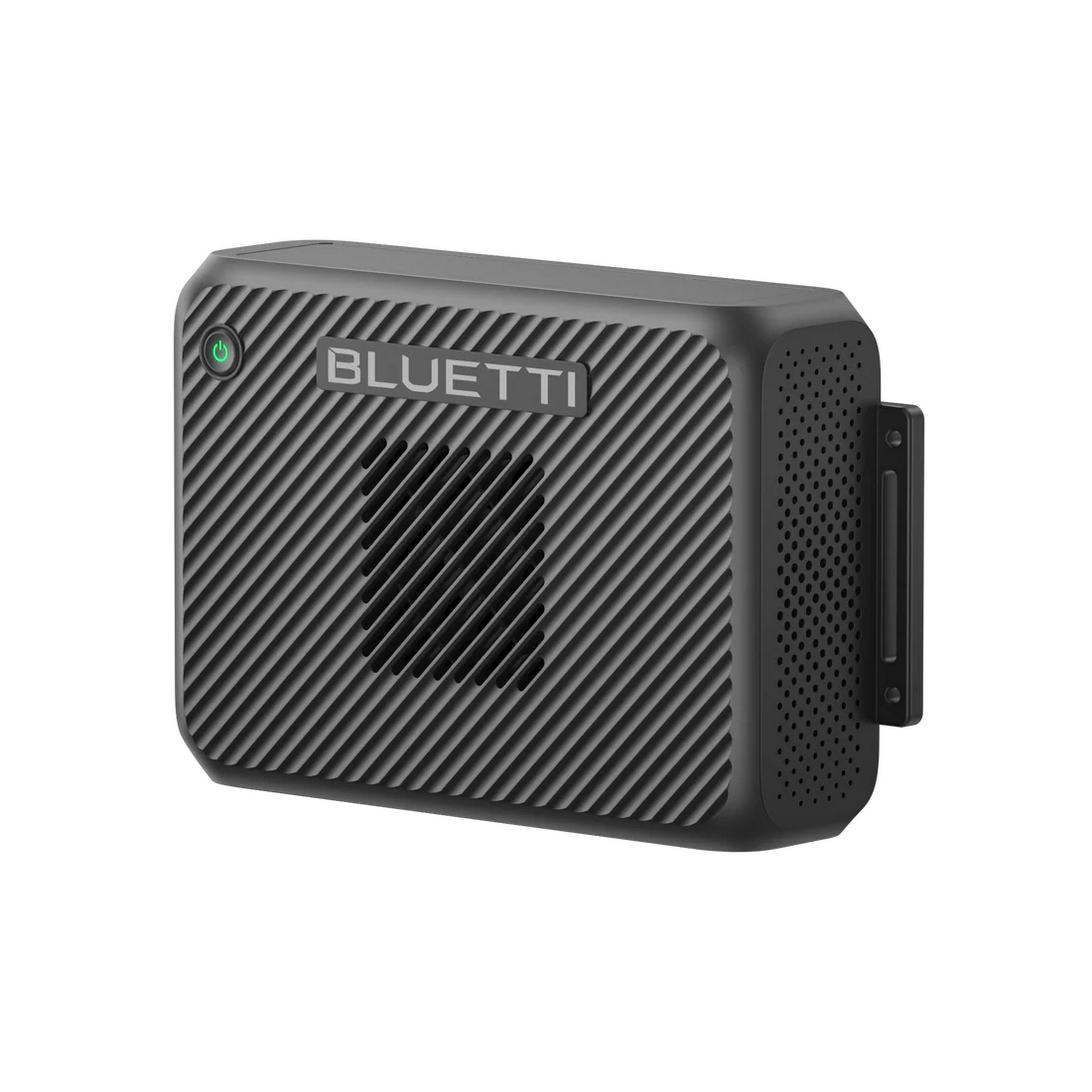 Czarny sprzęt Bluetti z prążkowaną fakturą i otworami wentylacyjnymi. Podświetlony zielony przycisk.