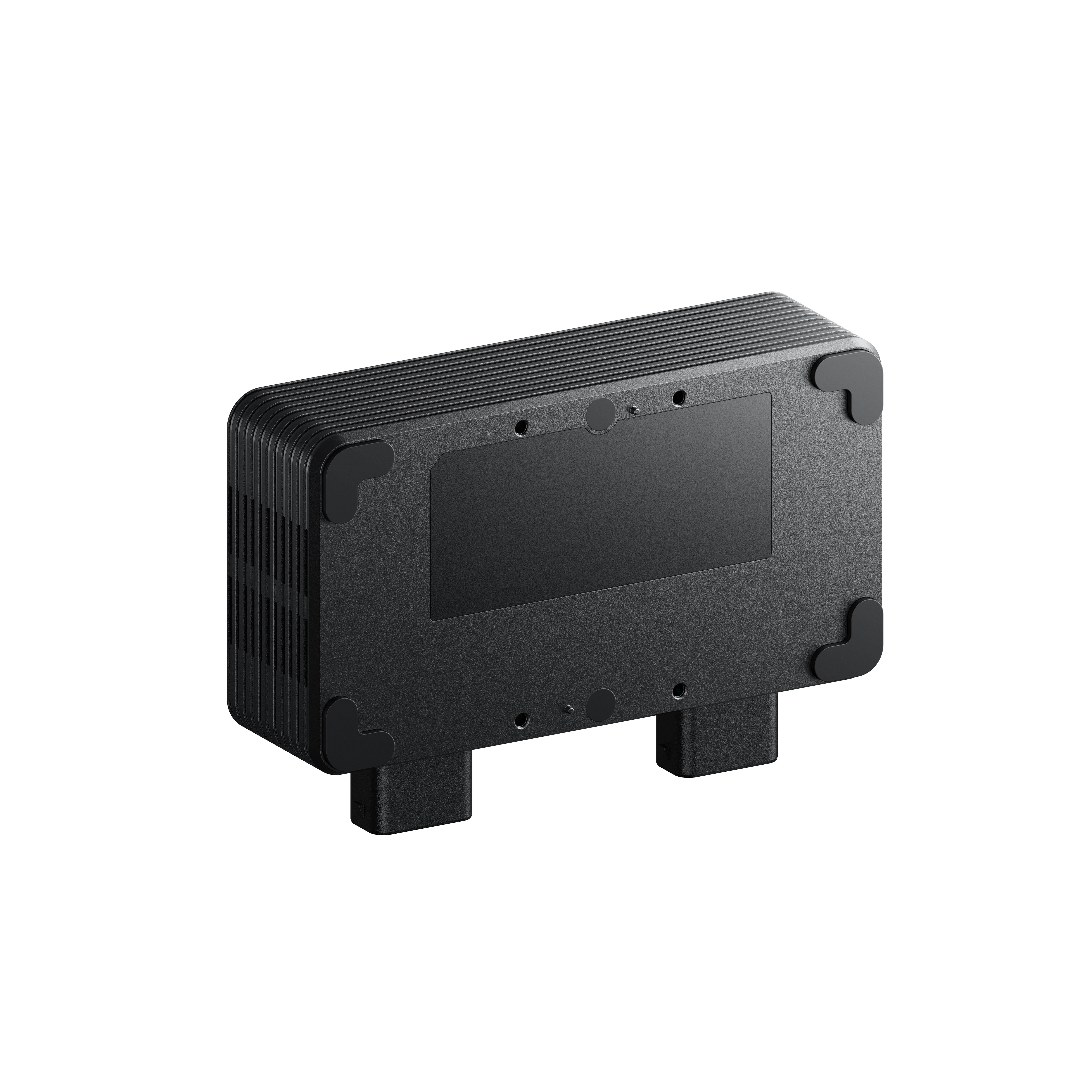 Czarno-prostokątne urządzenie z żeberkami chłodzącymi i nóżkami.