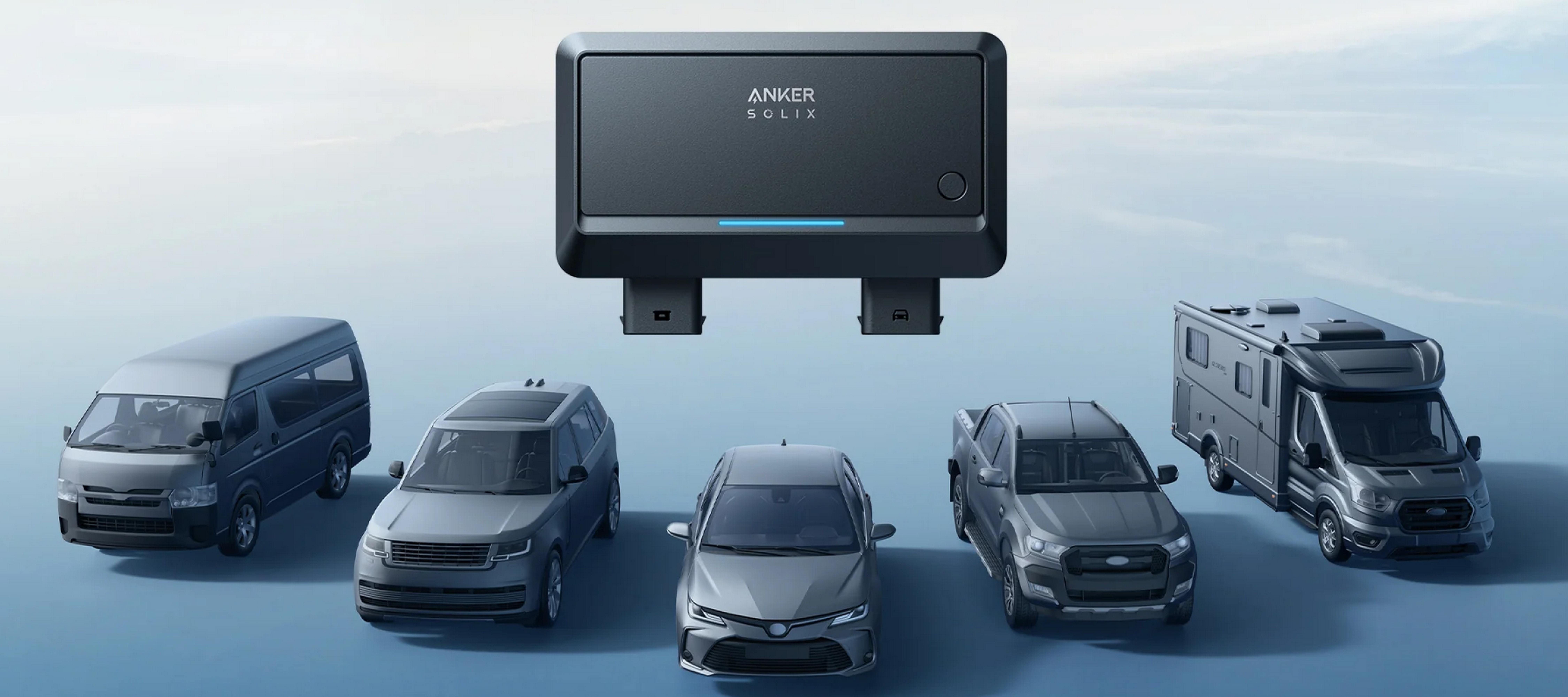 Czarna ładowarka Anker Solix nad pięcioma pojazdami: van, SUV, sedan, pickup, kamper.