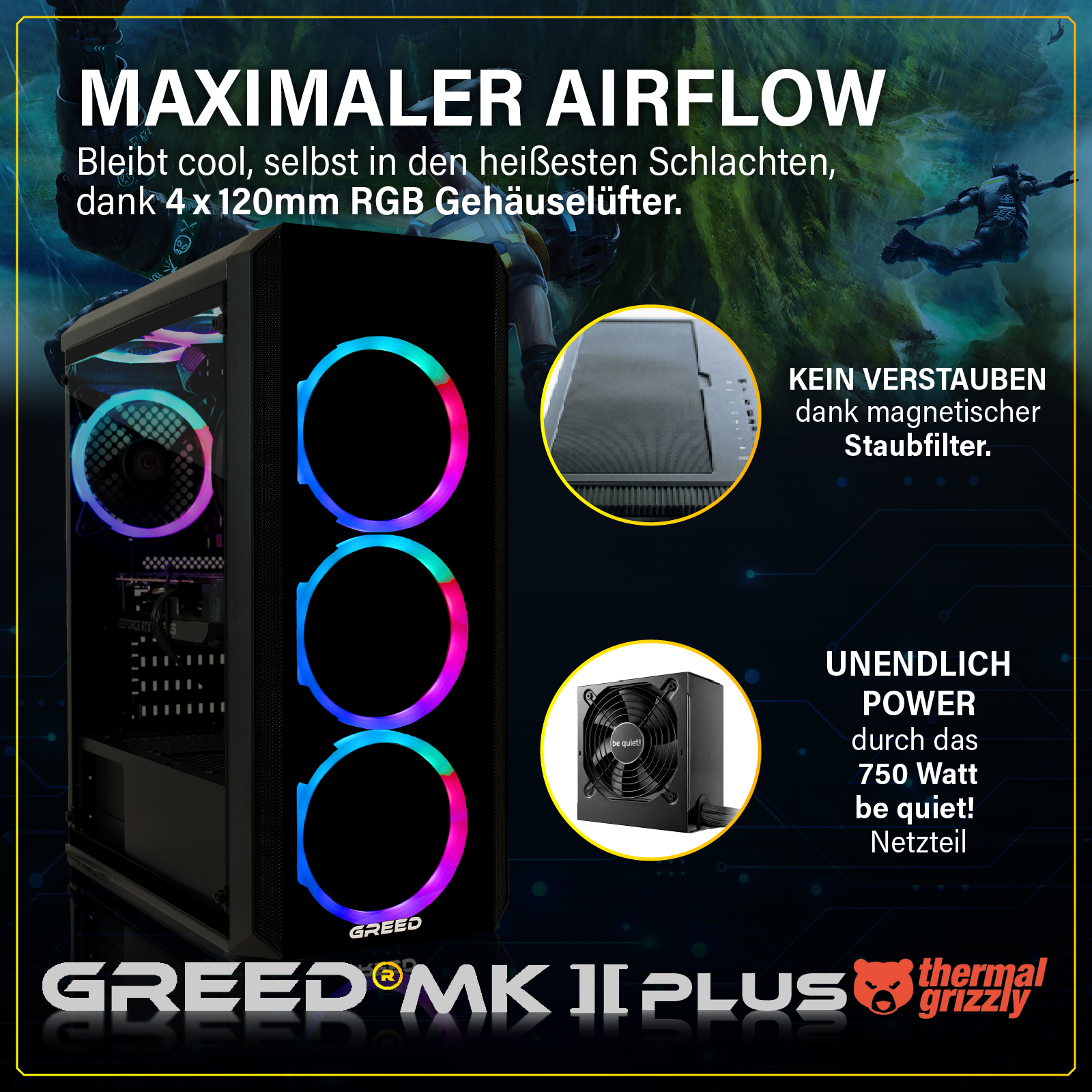 Obudowa PC z wentylatorami RGB, zasilaczem i filtrem.