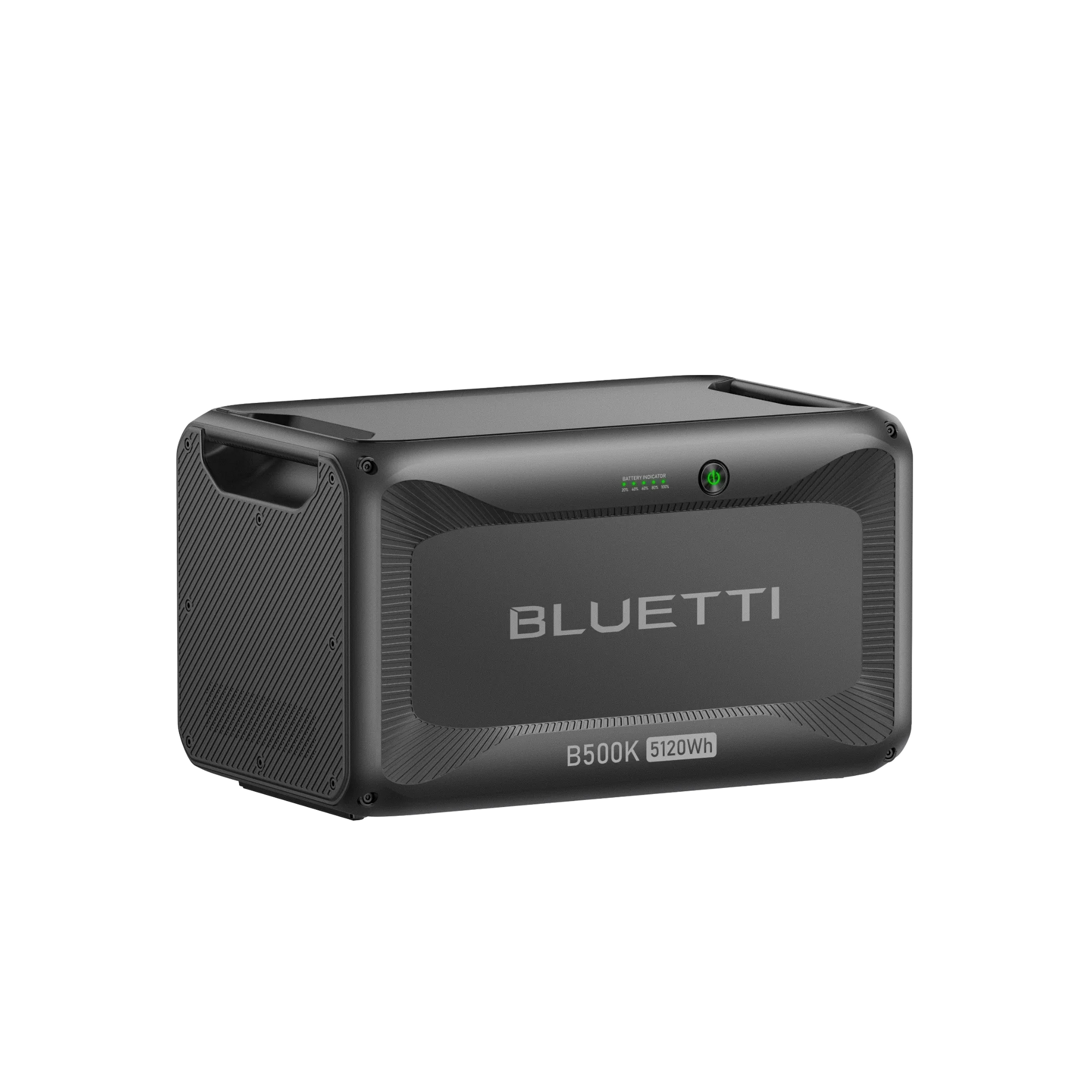 Czarny akumulator BLUETTI B500K 5120Wh z uchwytami i wskaźnikiem naładowania.