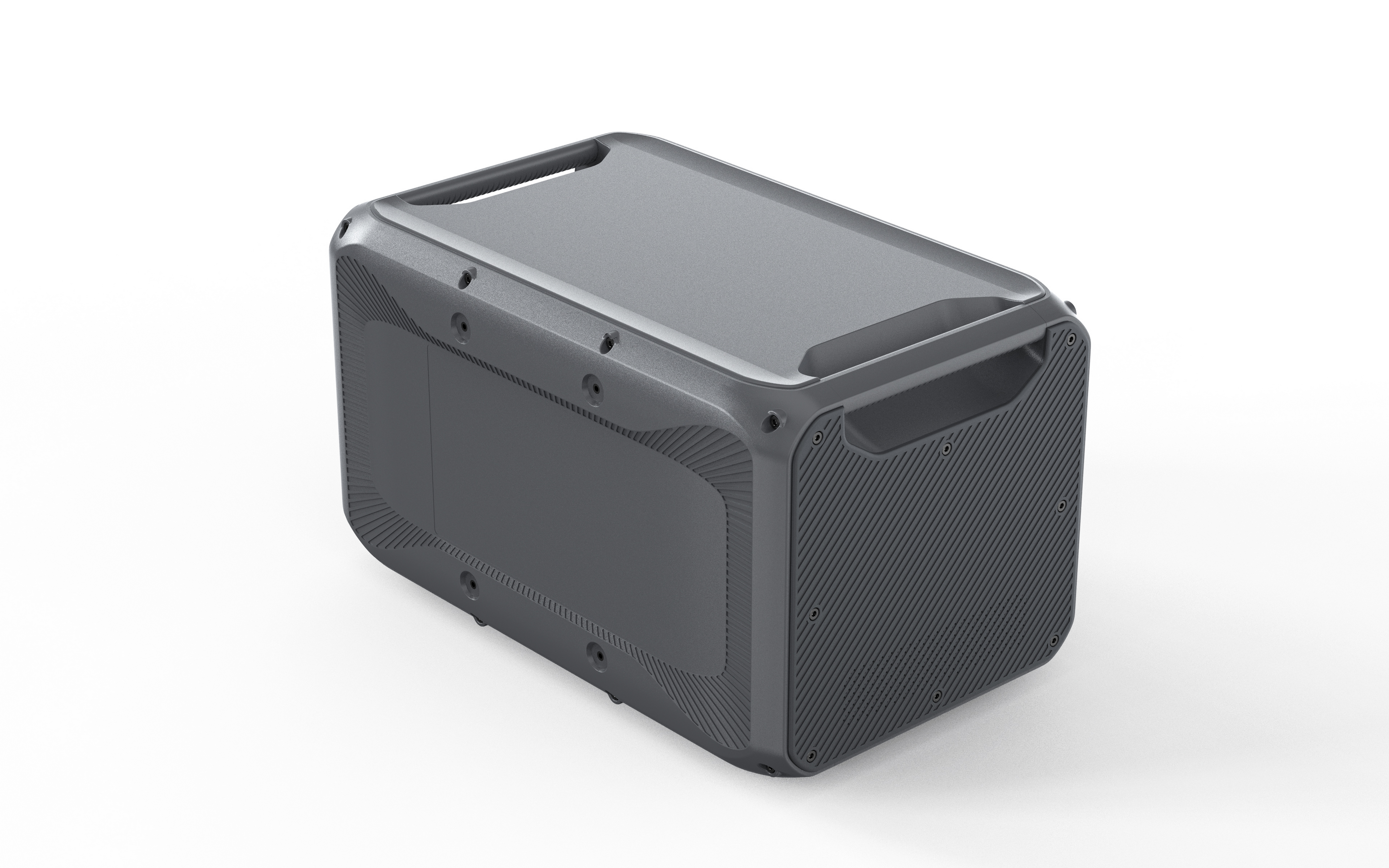 Szara przenośna stacja zasilania z uchwytami i teksturowanymi panelami.