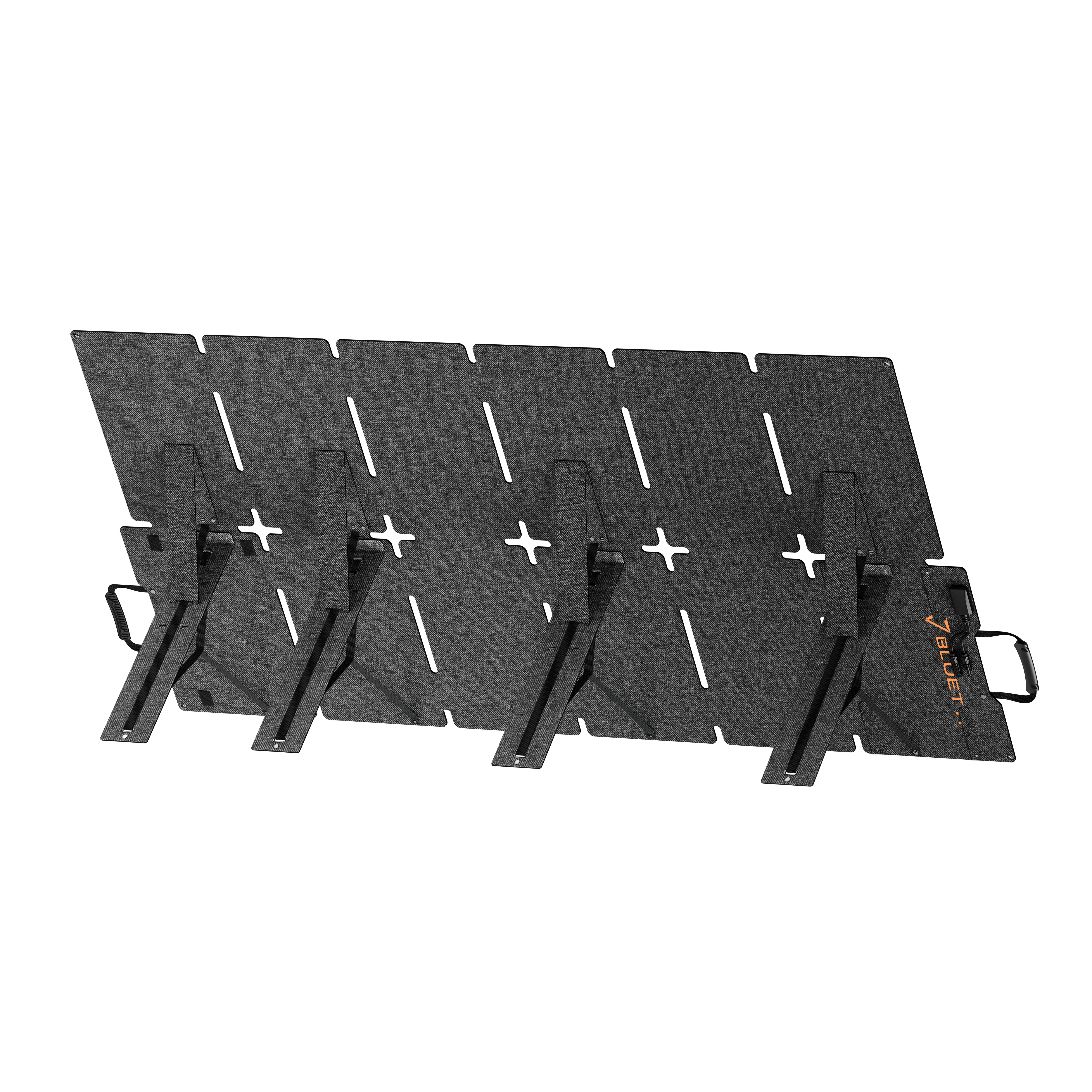 Szare, składane panele słoneczne ze stojakami i uchwytami, na białym tle.