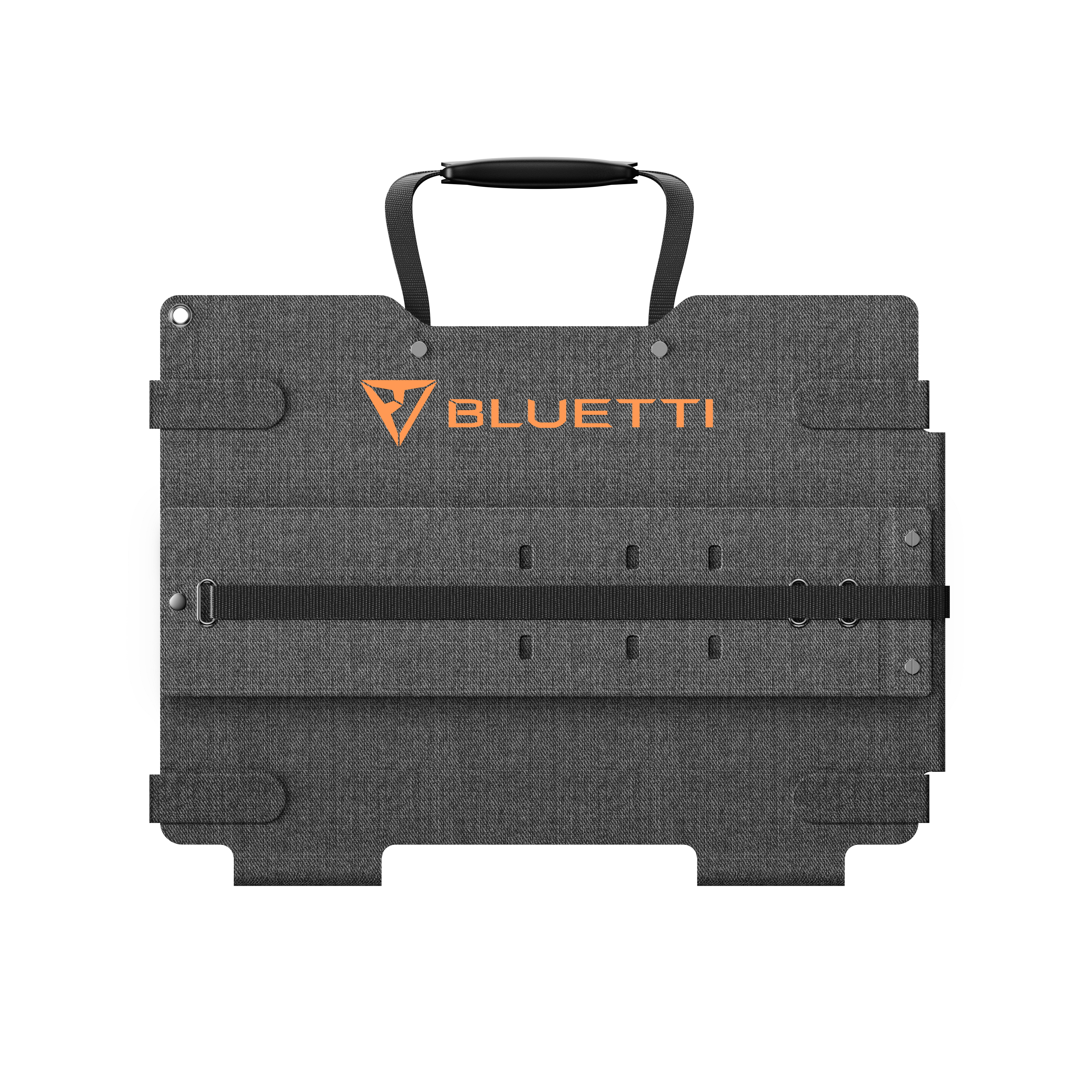 Szary panel słoneczny Bluetti z pomarańczowym logo i czarnym uchwytem.