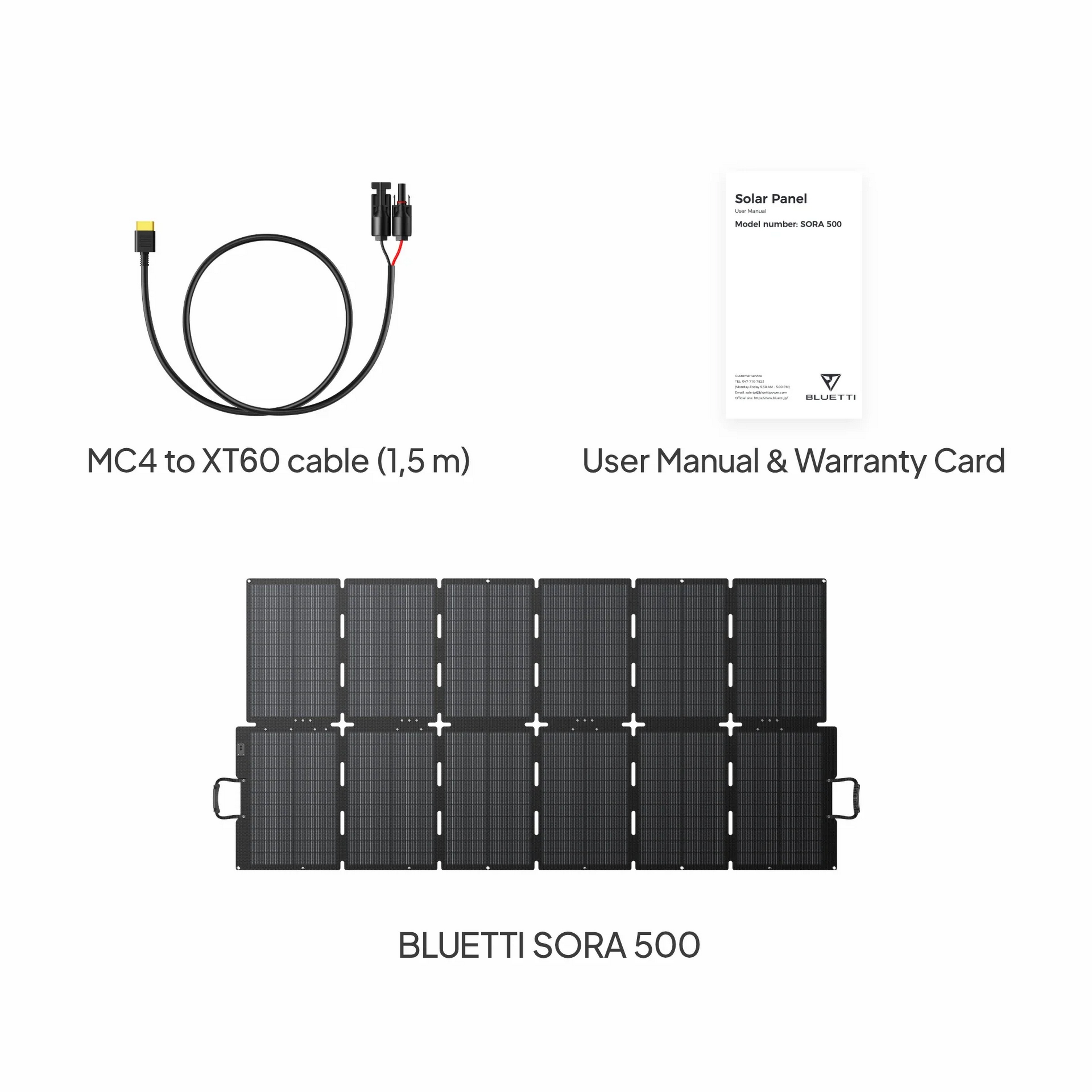 Kabel MC4 do XT60, instrukcja obsługi i karta gwarancyjna panelu słonecznego BLUETTI SORA 500.