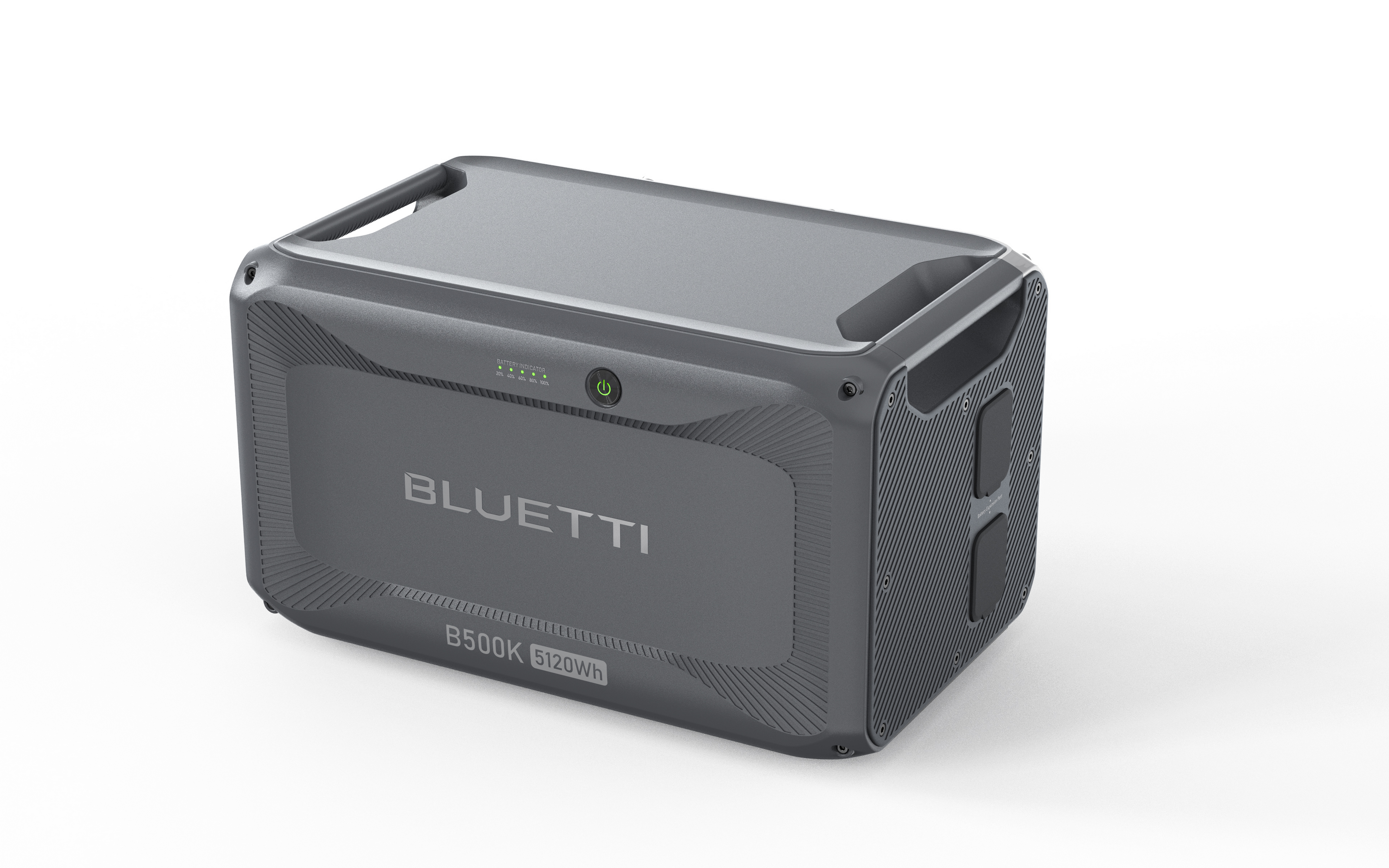 Szary power bank Bluetti B500K 5120Wh z uchwytami i wskaźnikiem naładowania.