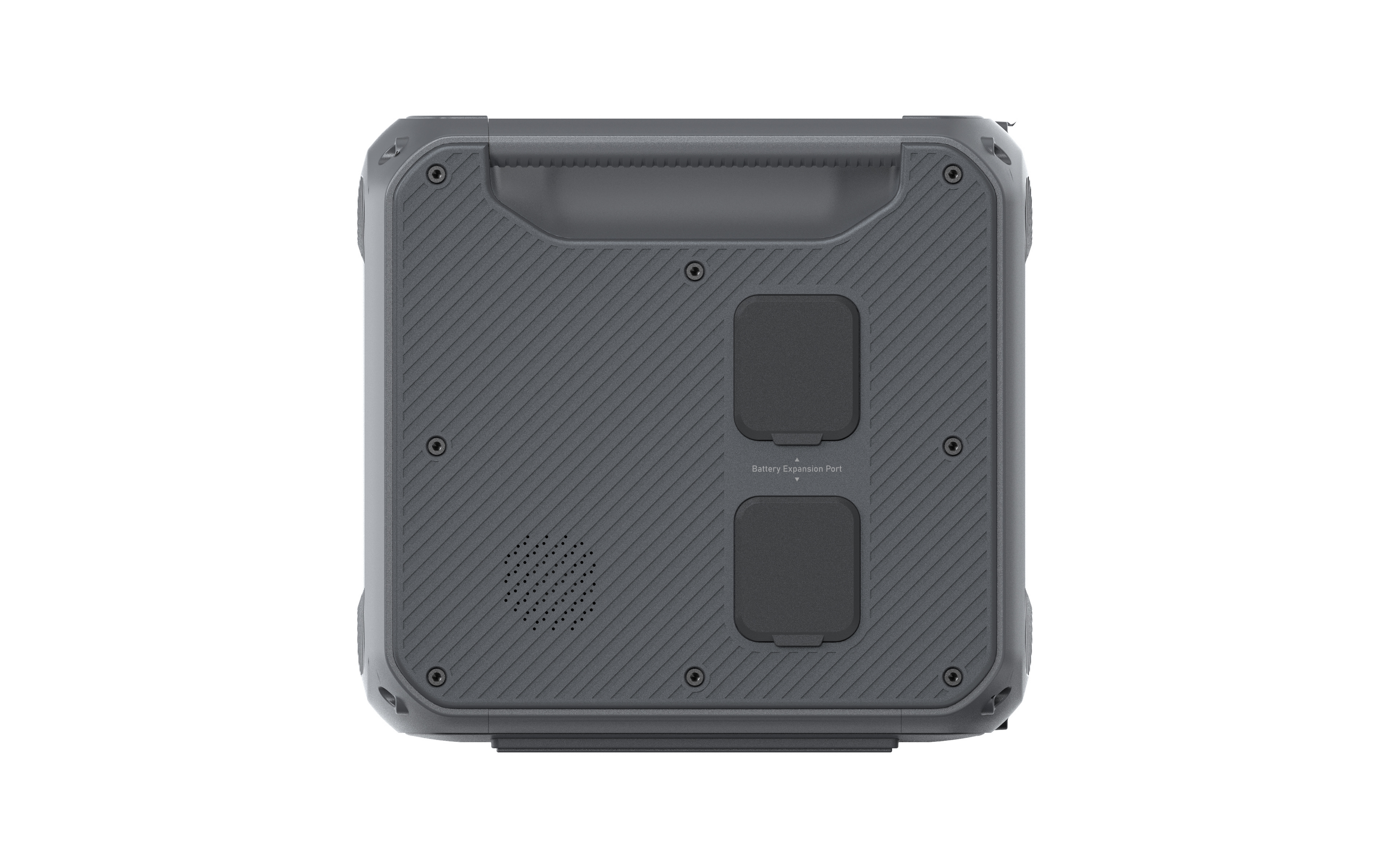 Szare, prostokątne urządzenie z uchwytem na górze, maskownicą głośnika i dwoma osłonami portów.