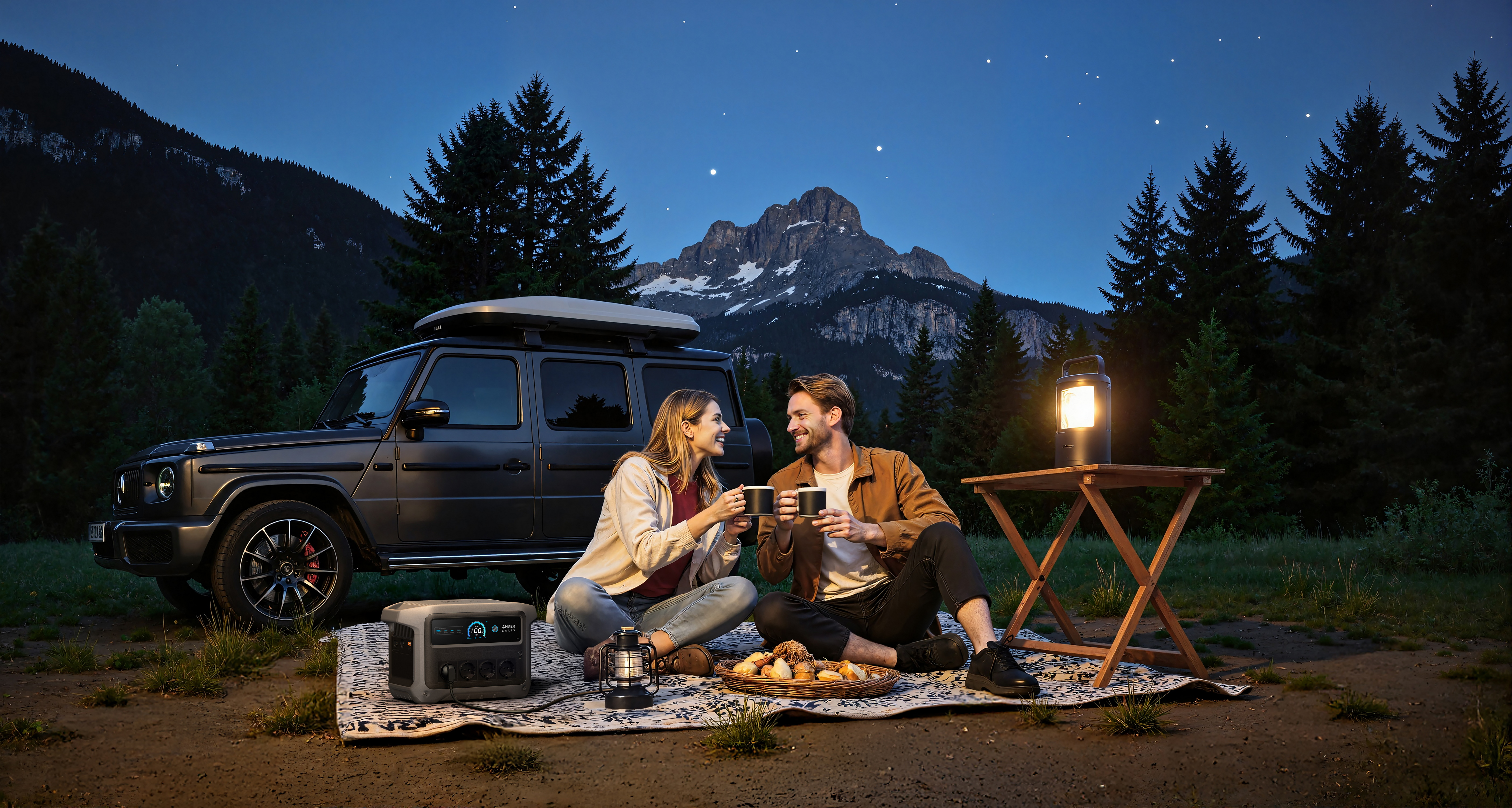 Para pije kawę obok samochodu w górach nocą.