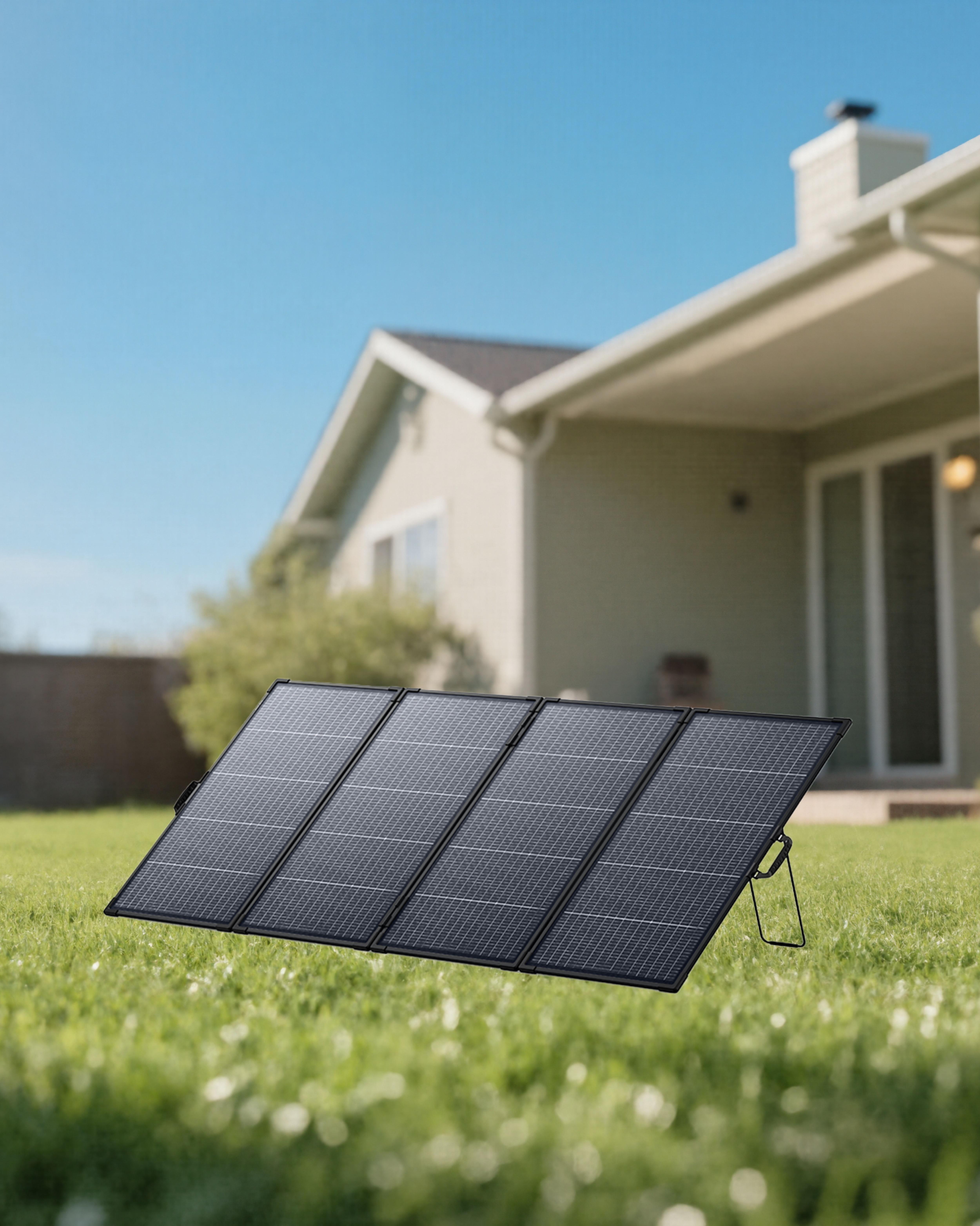 Przenośny panel słoneczny stoi na trawniku przed domem.