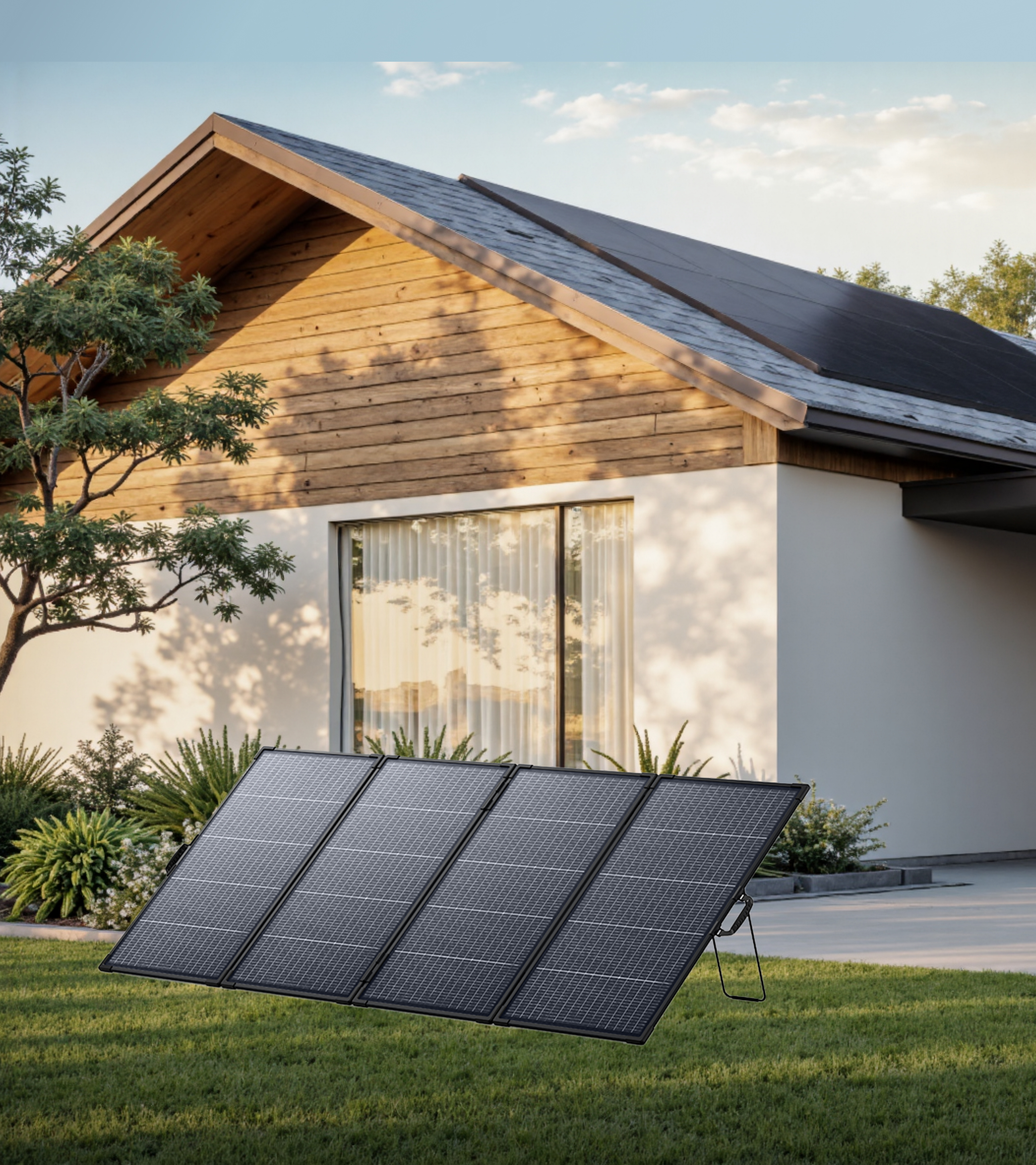 Przenośny panel słoneczny na zielonej trawie przed domem z panelami słonecznymi na dachu.