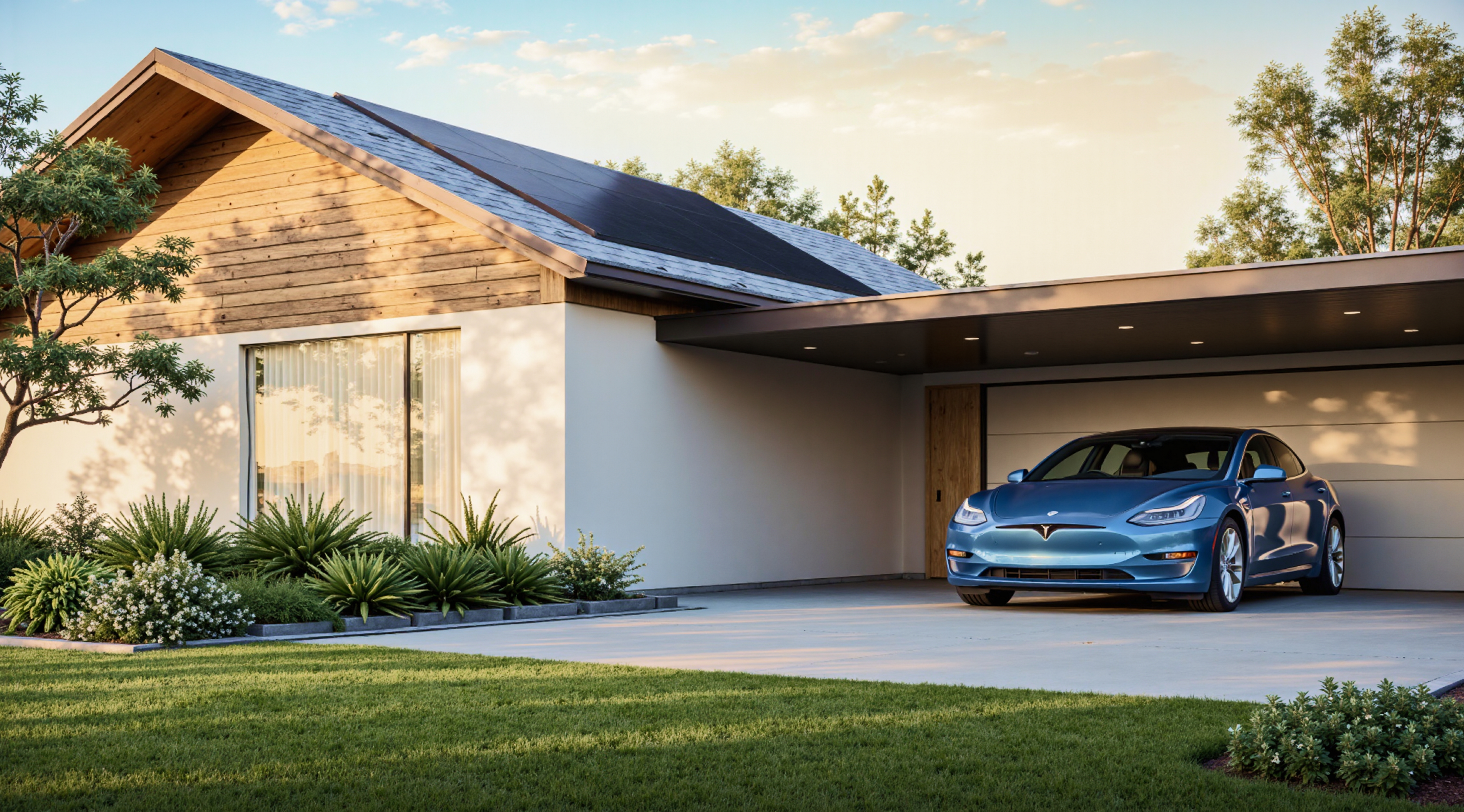 Niebieski samochód Tesla zaparkowany pod wiatą obok drewnianego domu z panelami słonecznymi.