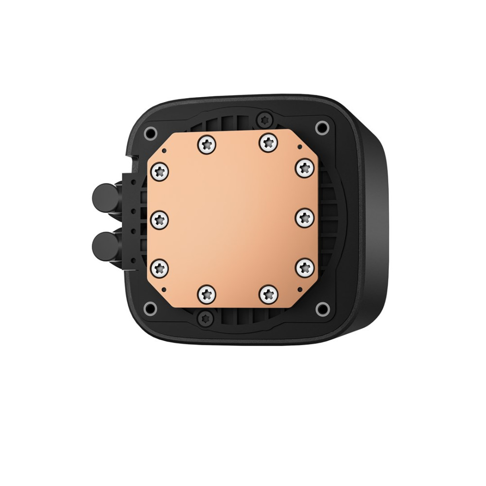 Czarny wentylator komputerowy z miedzianą płytką i ośmioma śrubami.