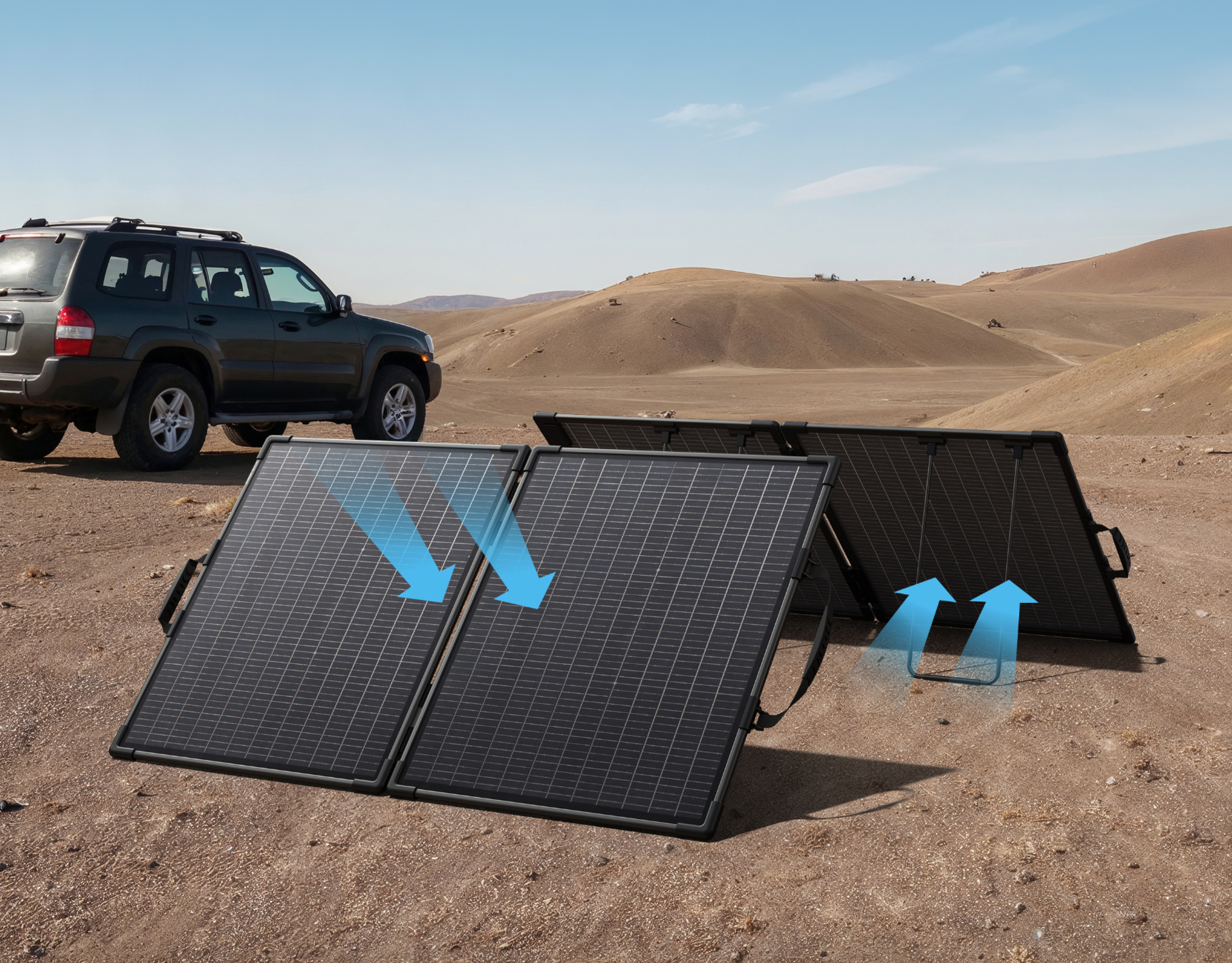 Ciemny SUV zaparkowany na pustynnym pustkowiu obok rozłożonych paneli słonecznych.