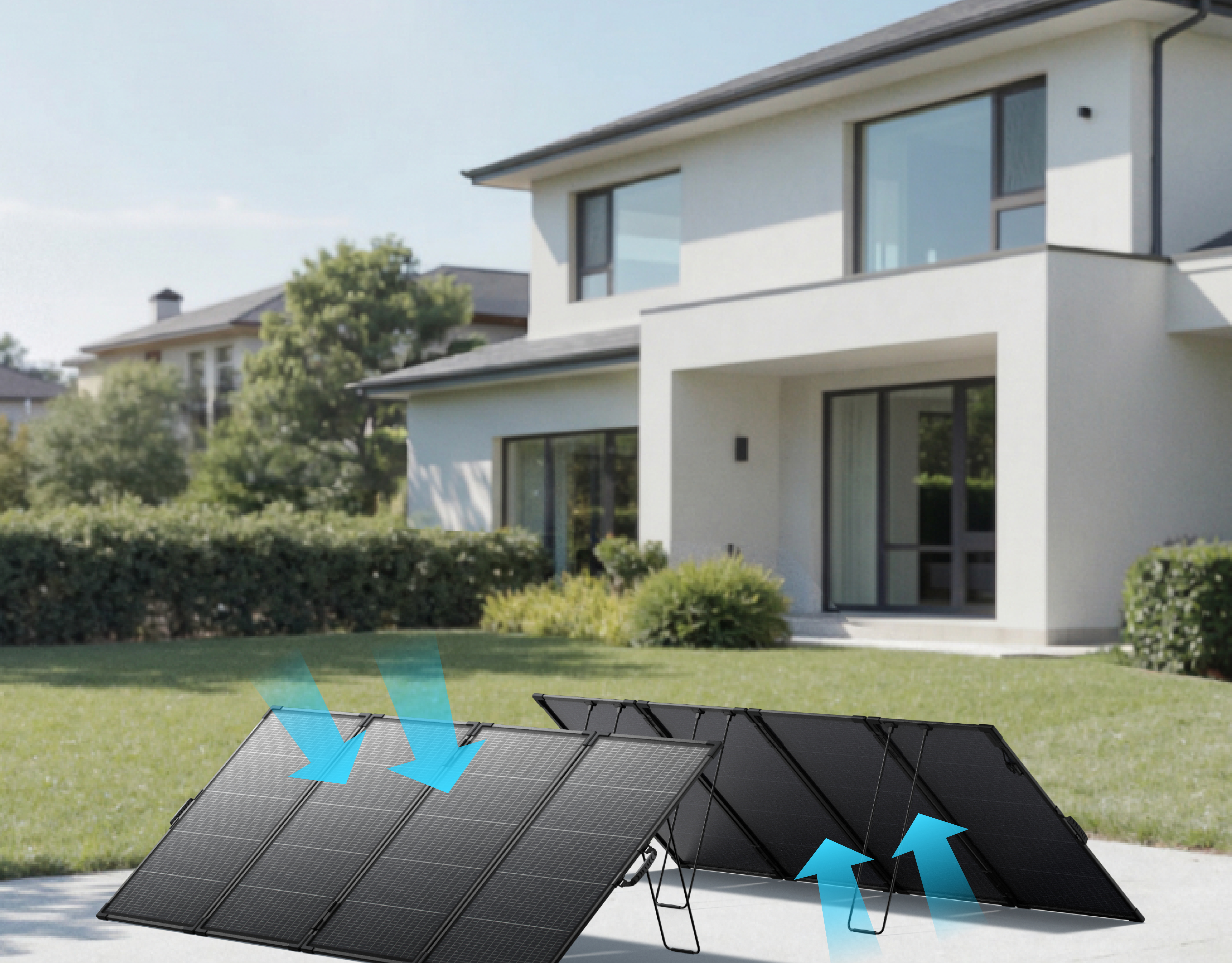 Zestawy paneli słonecznych stoją w ogrodzie przed nowoczesnym domem.