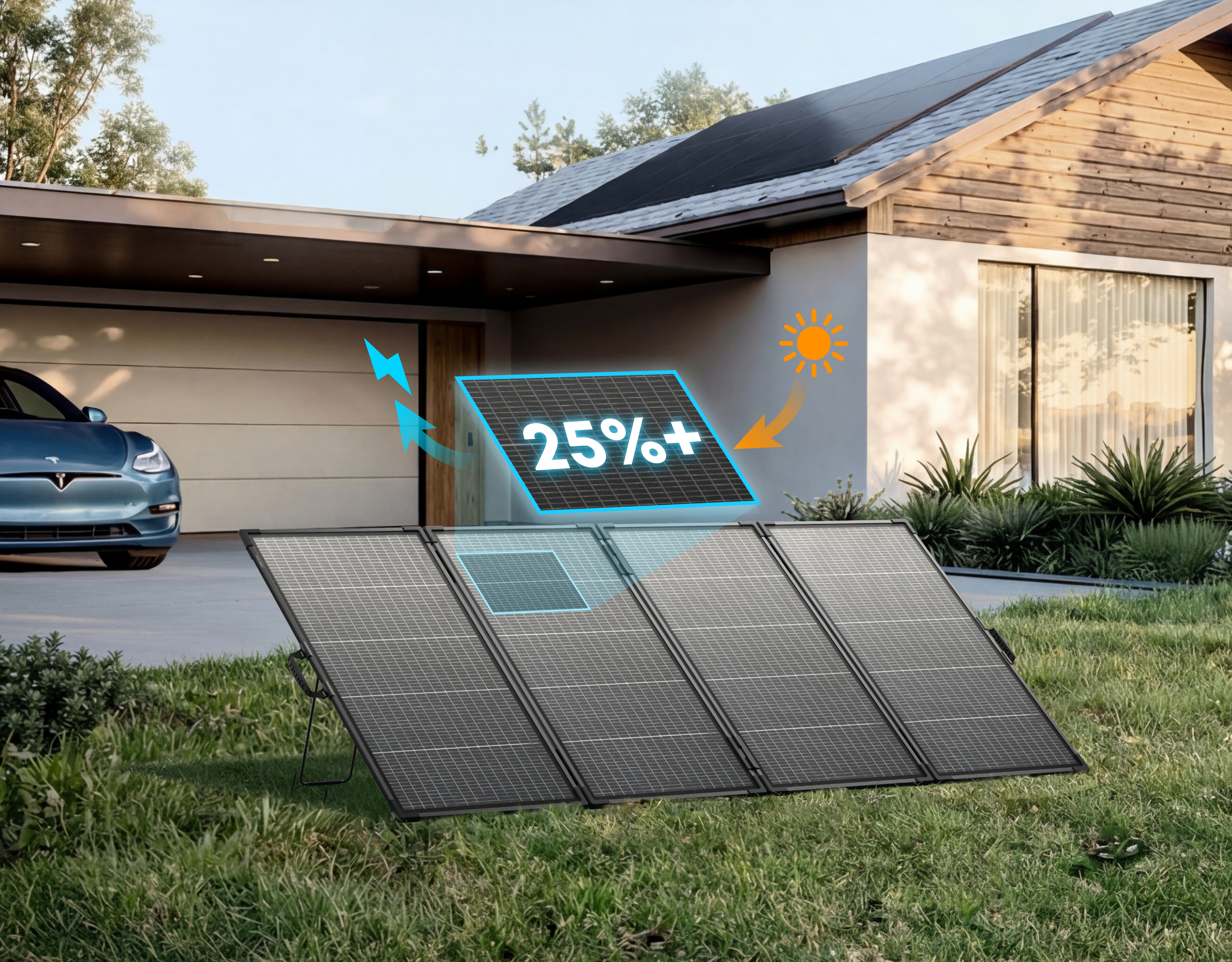 Panele słoneczne przed domem z samochodem. Wyświetlacz pokazuje 25%+

