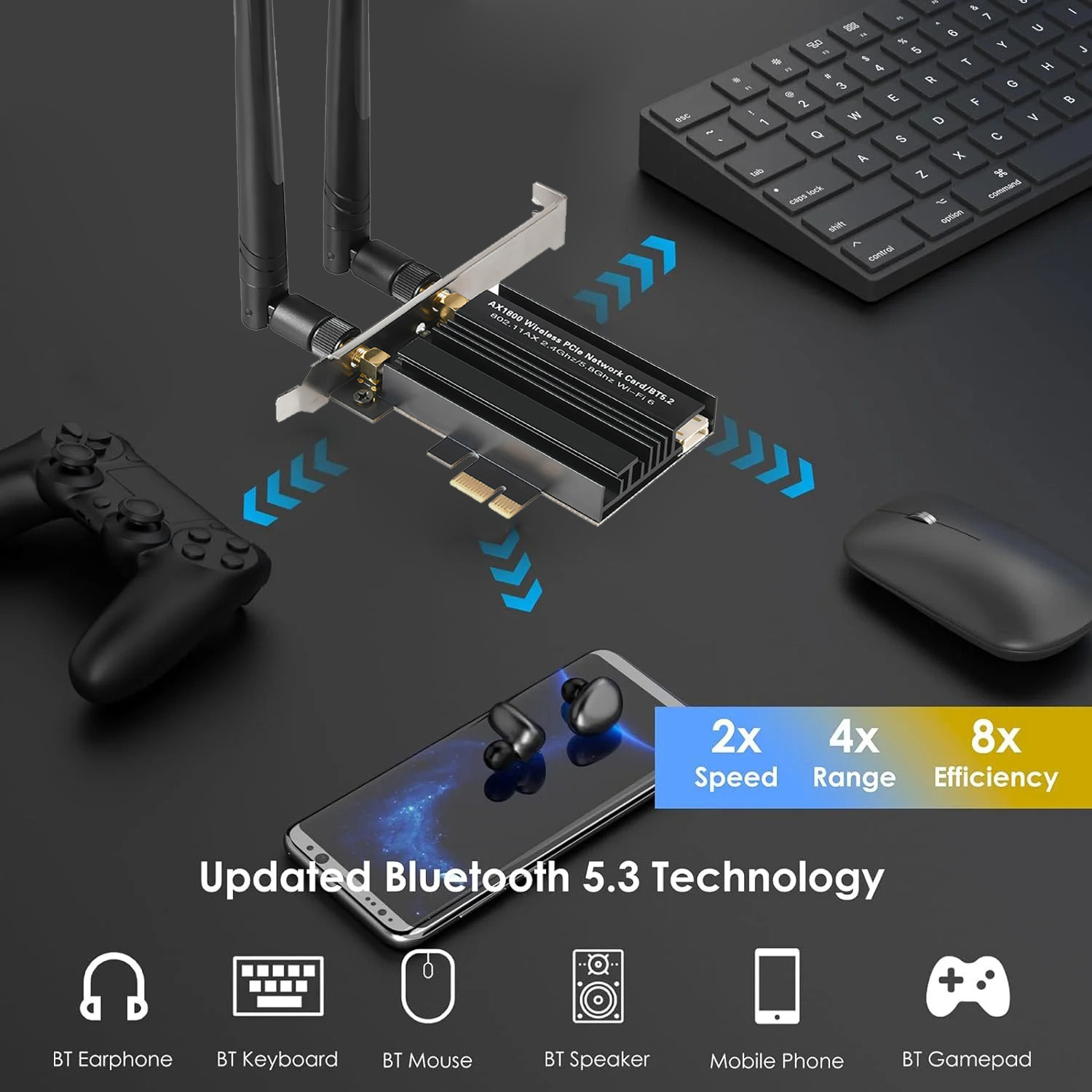 Un adattatore Wi-Fi PC con antenne, tastiera, mouse, gamepad, smartphone e auricolari.