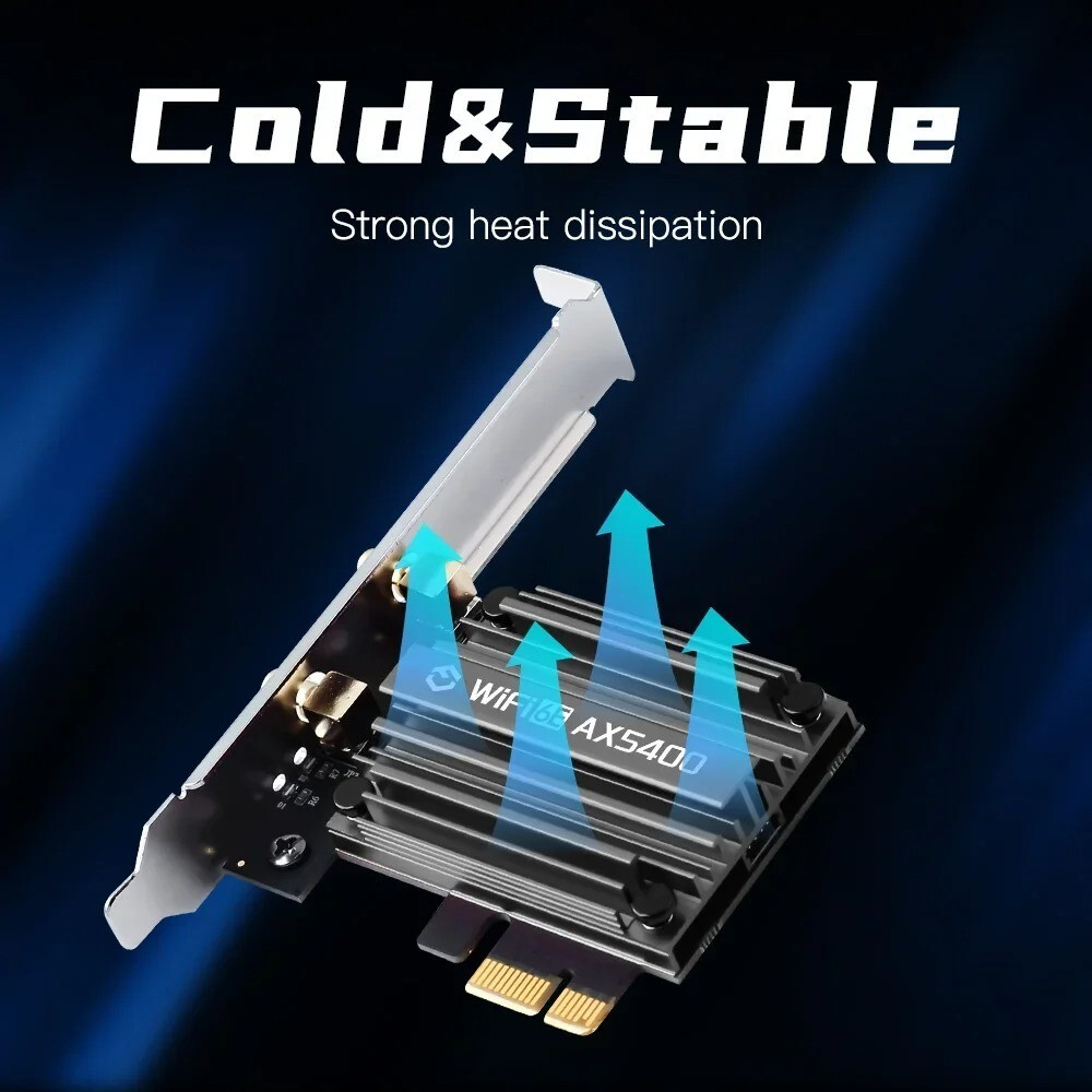 Una scheda WiFi con dissipatore, mostrata con frecce blu che indicano dissipazione.