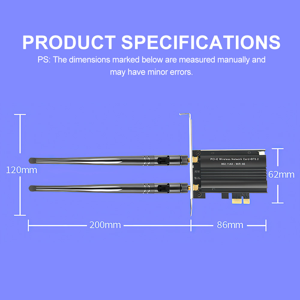 Scheda wireless PCI-E con antenne, 200x120x86mm, altezza 62mm.