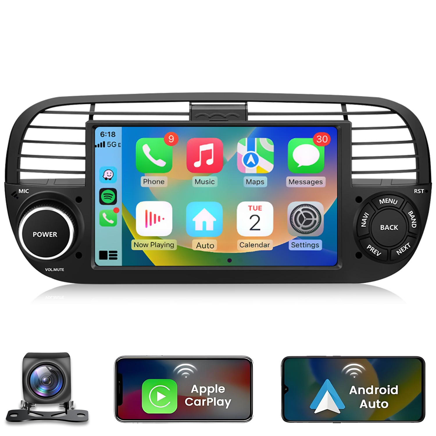 Sistema di infotainment per auto con app, telecamera posteriore, iPhone e telefono Android.