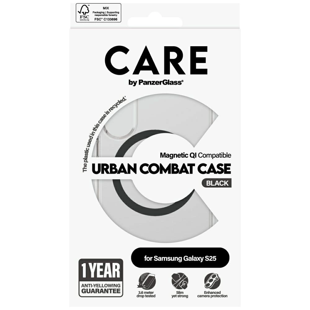 Samsung Galaxy S25 için PanzerGlass CARE Urban Combat Kılıf, siyah. Geri dönüştürülmüş plastik.