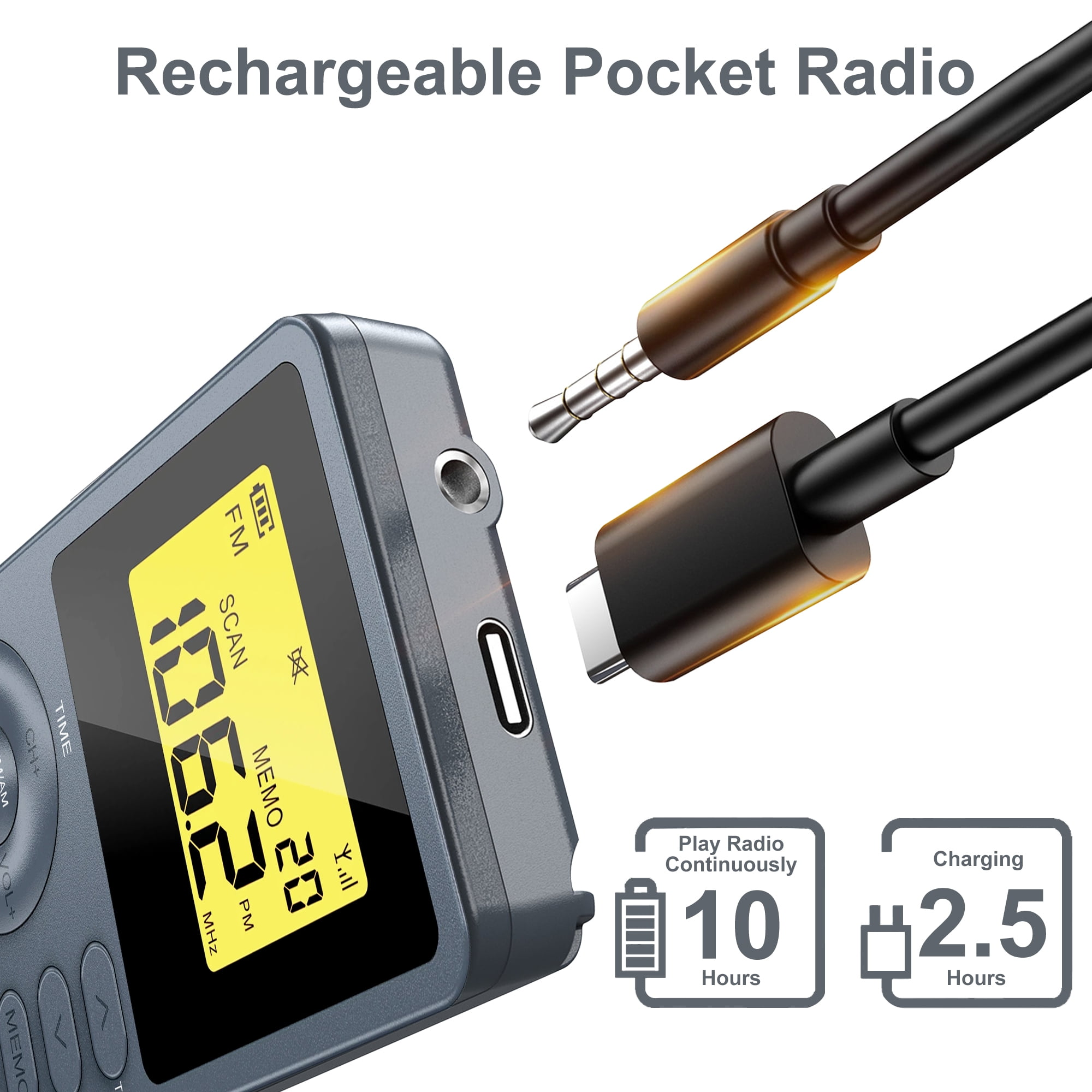 Graues Taschenradio mit gelbem Display, Kabeln und Ladeinformationen.