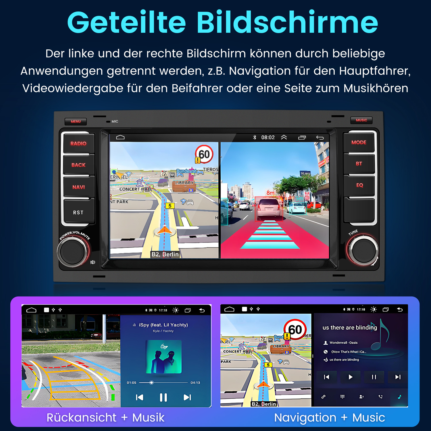 Ein Autoradio mit geteiltem Bildschirm zeigt Navigation und Musik-Apps an.
