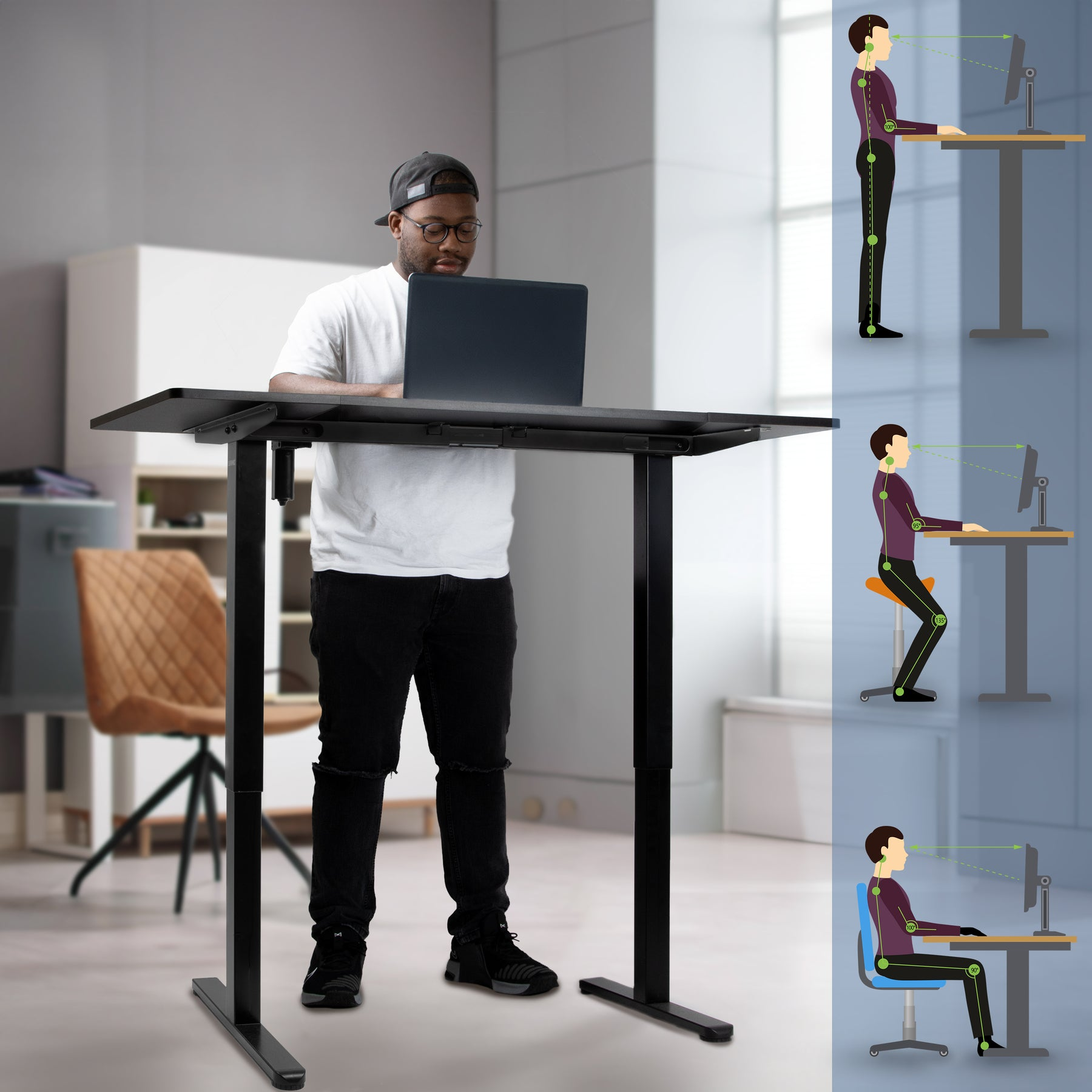 Mann steht an höhenverstellbarem Schreibtisch mit Laptop. Grafiken zeigen richtige Haltung.