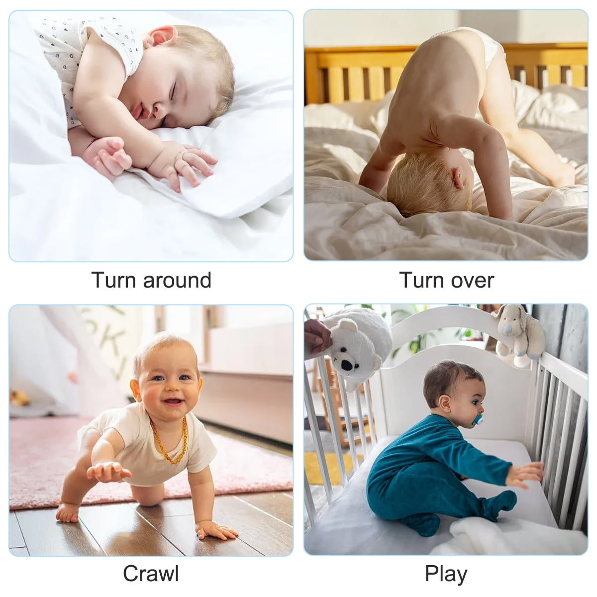 Ein Baby schläft auf einem weißen Kissen, ein Baby macht einen Kopfstand, ein Baby krabbelt, ein Baby spielt im Kinderbett.