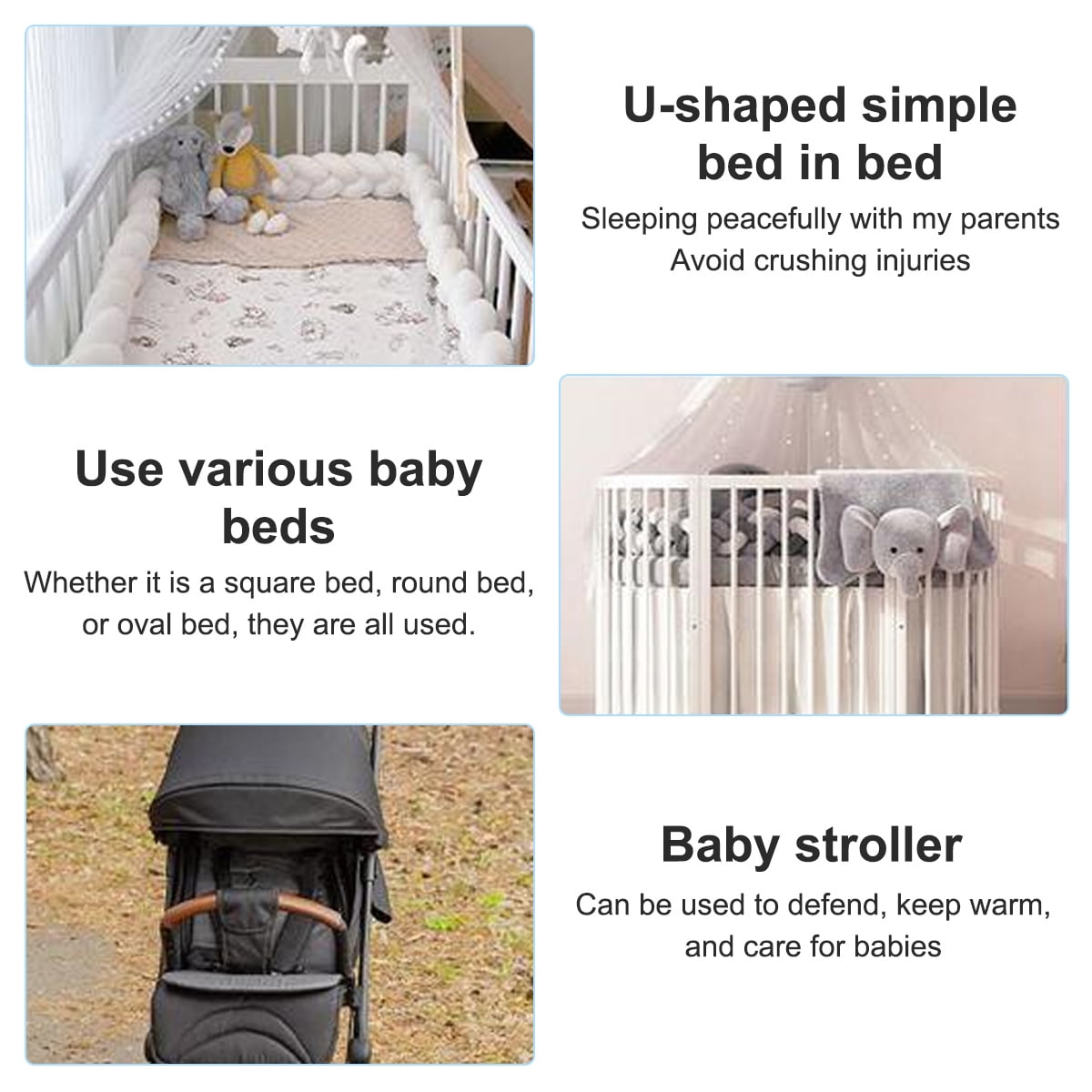 Babyspielzeug in einem Bett, ein Kinderwagen und Text über Babybetten.