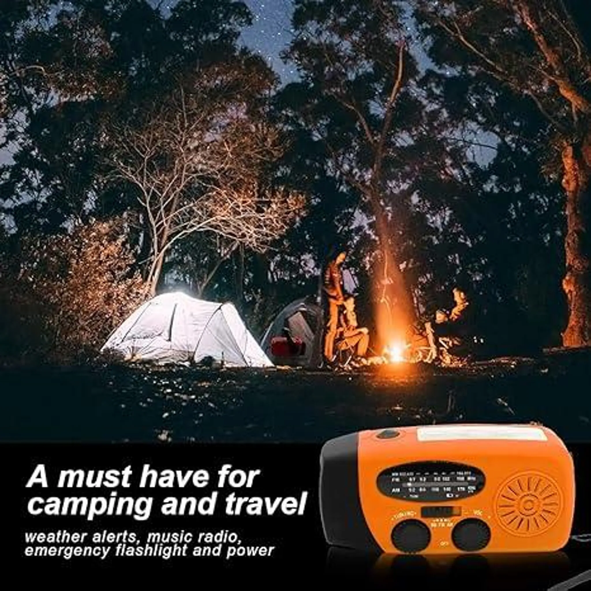 Campingplatz bei Nacht mit Zelten, Lagerfeuer und Radio.
