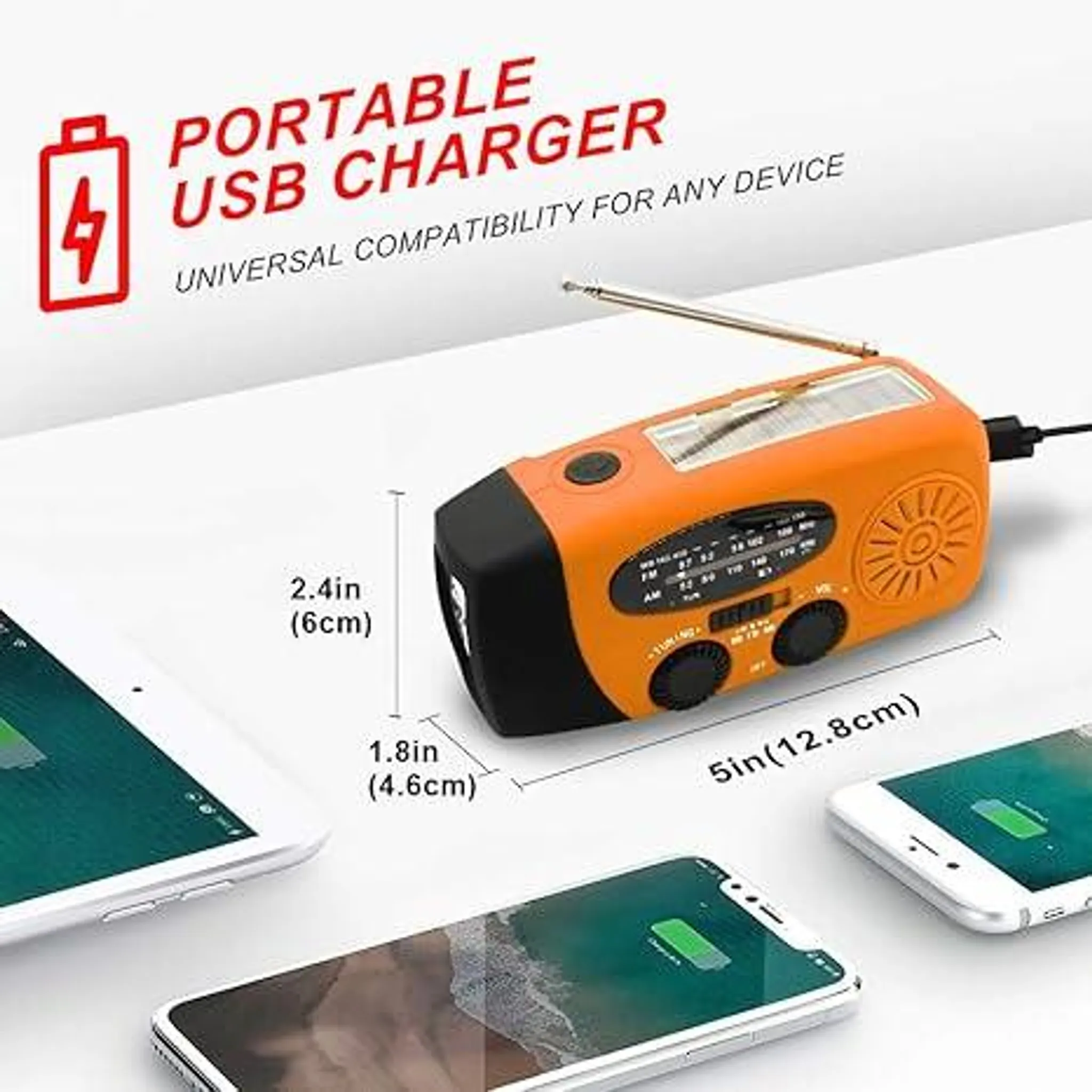 Orange Kurbelradio mit Solarpanel, Taschenlampe, Ladeanschluss und Lanyards.