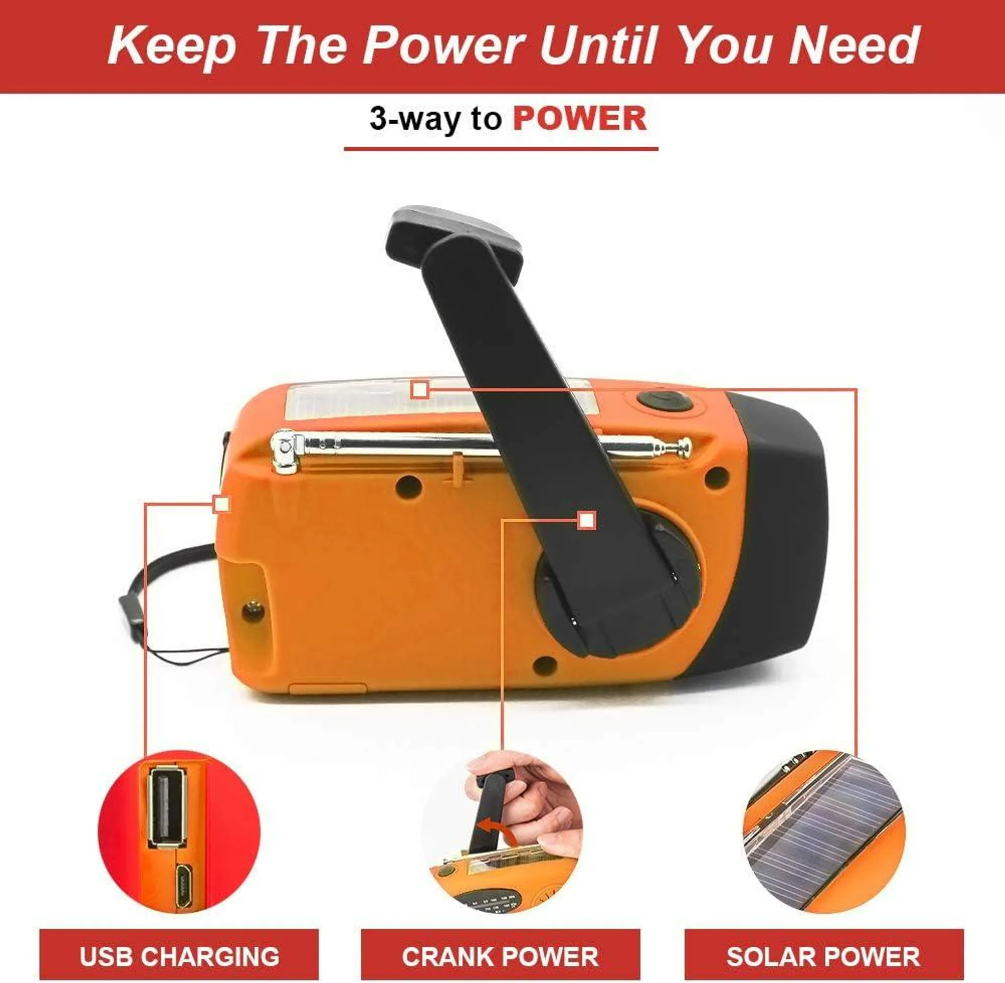 Orange Kurbelradio mit Solarpanel, USB-Ladeanschluss und Kurbel.