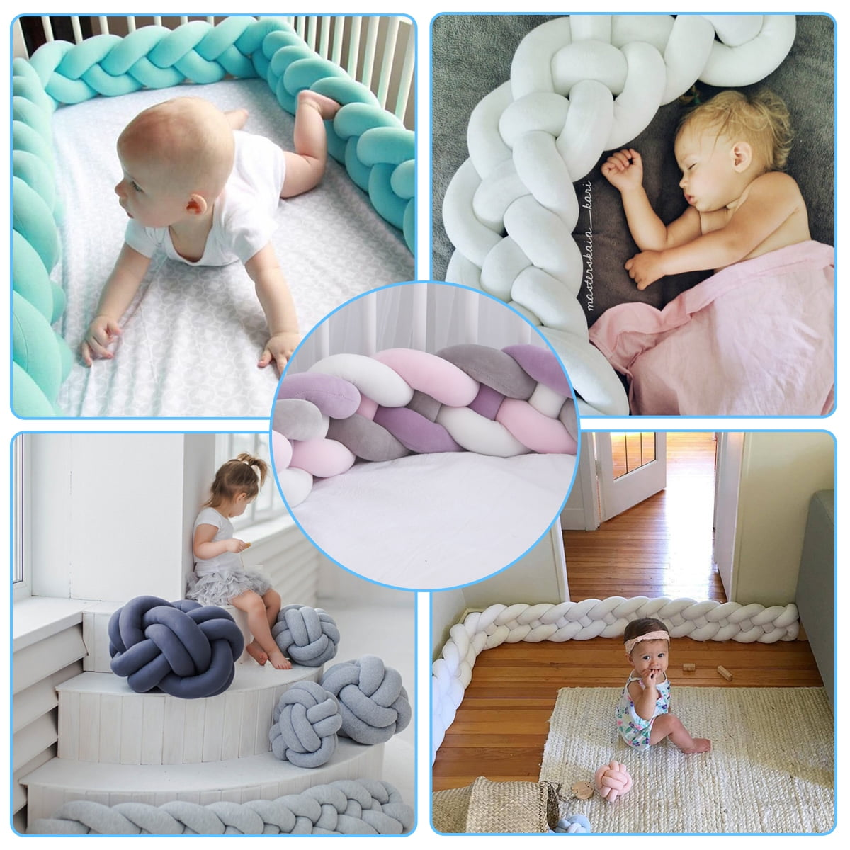 Collage zeigt Babys und Kleinkinder mit geflochtenen Nestchen in verschiedenen Farben und Umgebungen.
