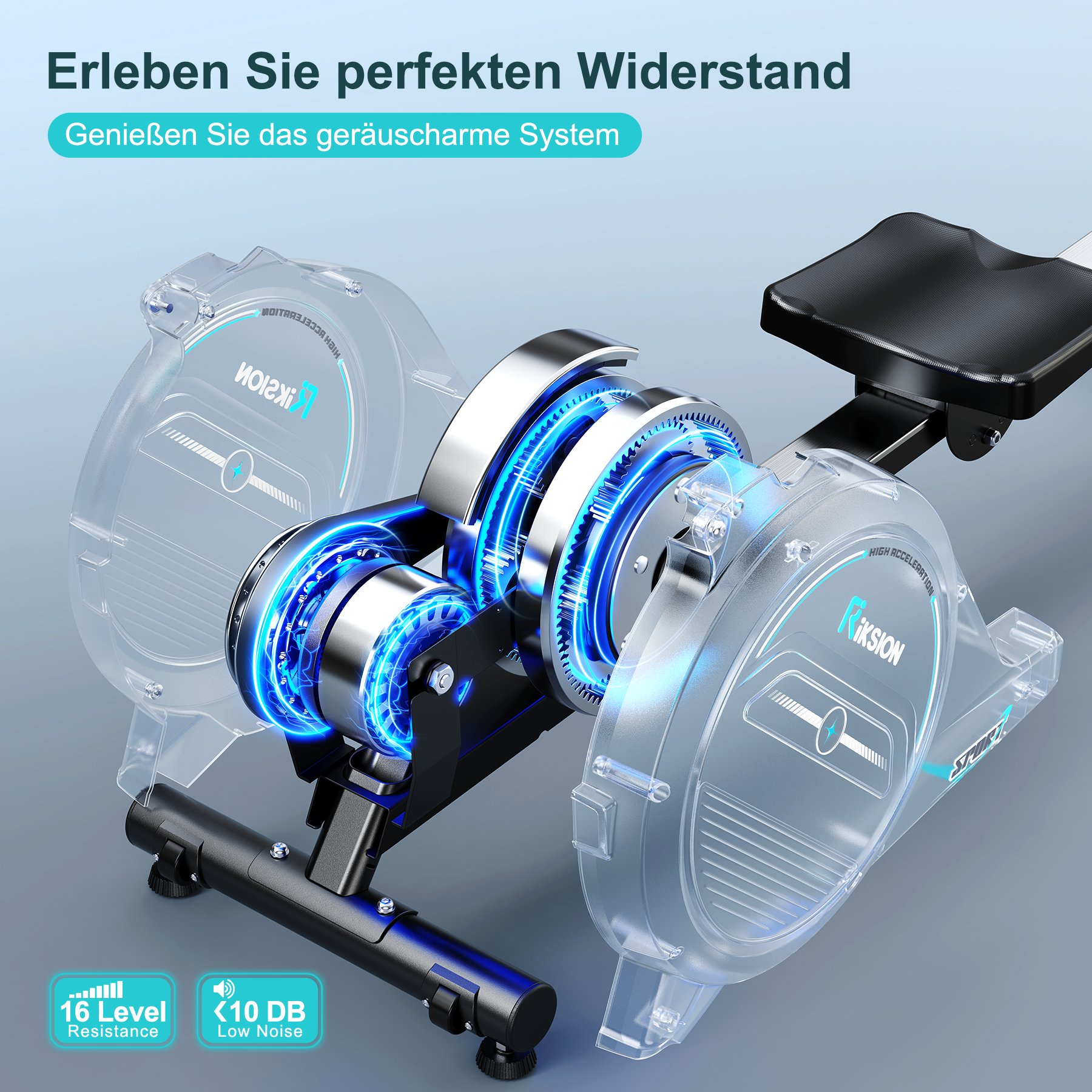 Rudergerät mit transparentem Gehäuse und leuchtenden blauen Spulen.