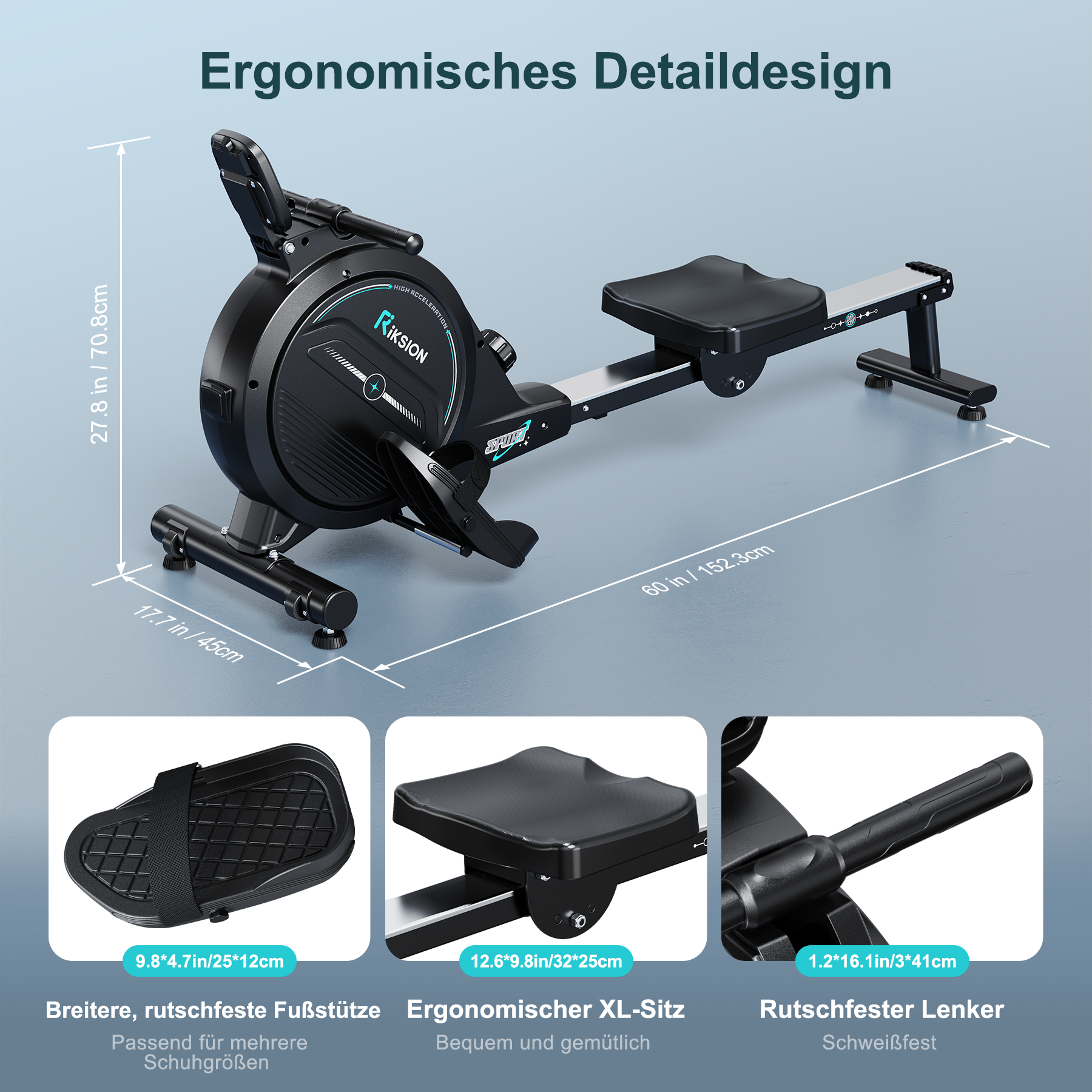 Ergonomisches Rower-Detaildesign mit Maßen und drei Detailaufnahmen.