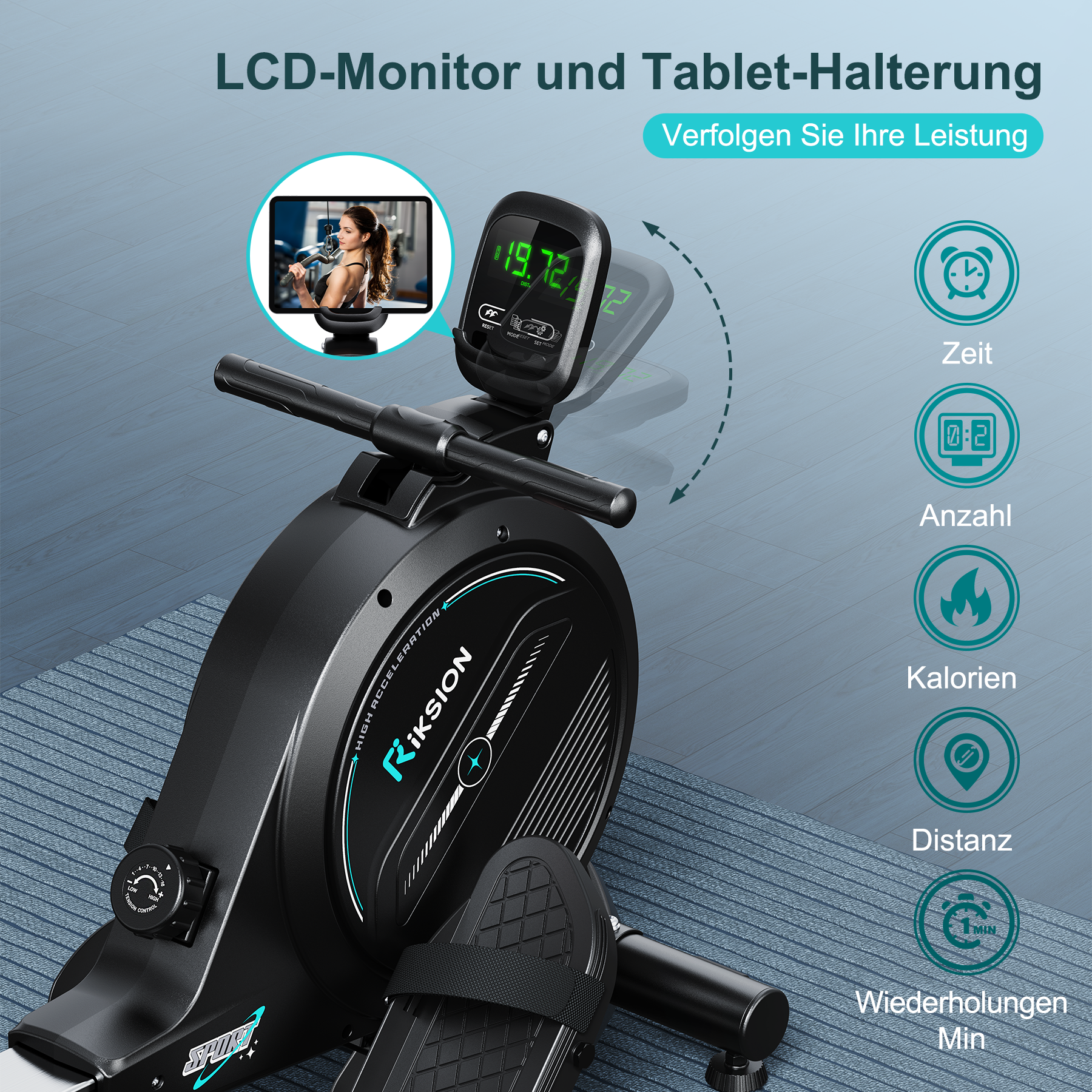 Rudergerät mit LCD-Display zeigt Trainingsdaten, daneben Icons für Zeit, Anzahl, Kalorien.