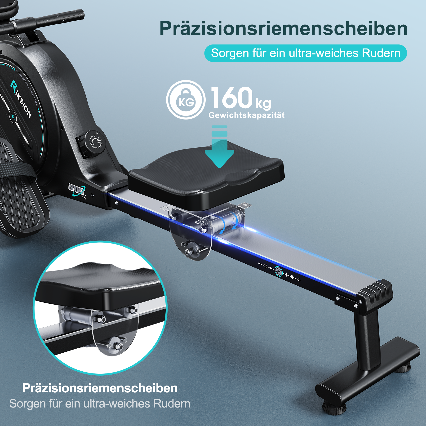 Rudergerät mit 160kg Kapazität, Präzisionsriemenscheiben für sanftes Rudern.