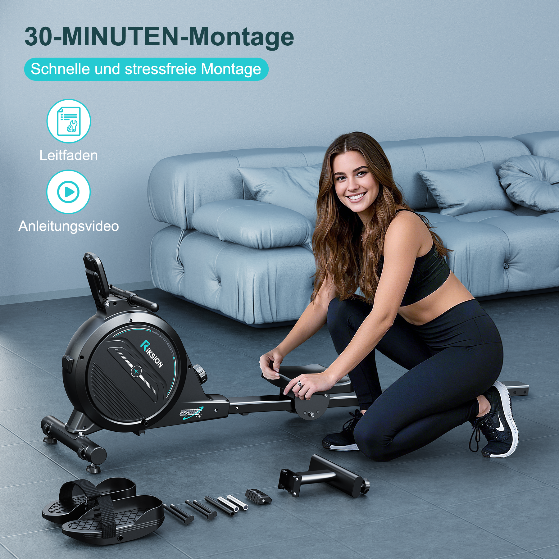 Eine Frau montiert ein Rower-Heimtrainer, mit Text über schnelle Montage.