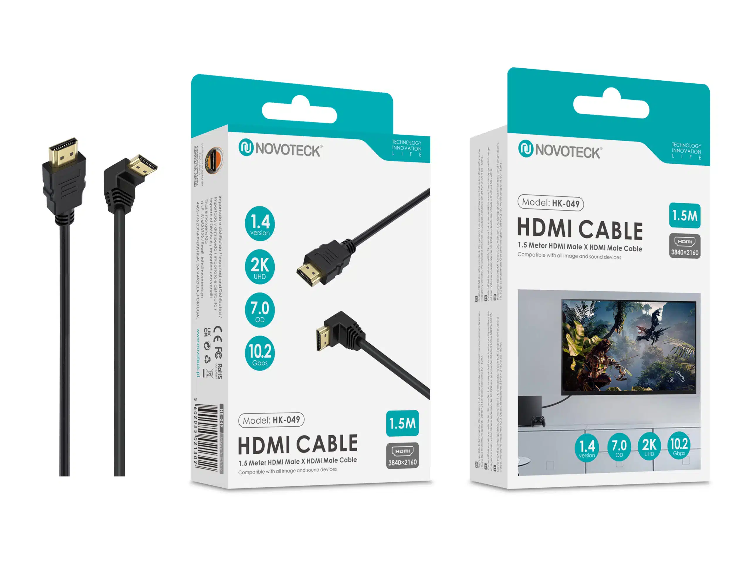 Dos cables HDMI, uno recto, uno en ángulo, sobre embalaje con imagen de TV.