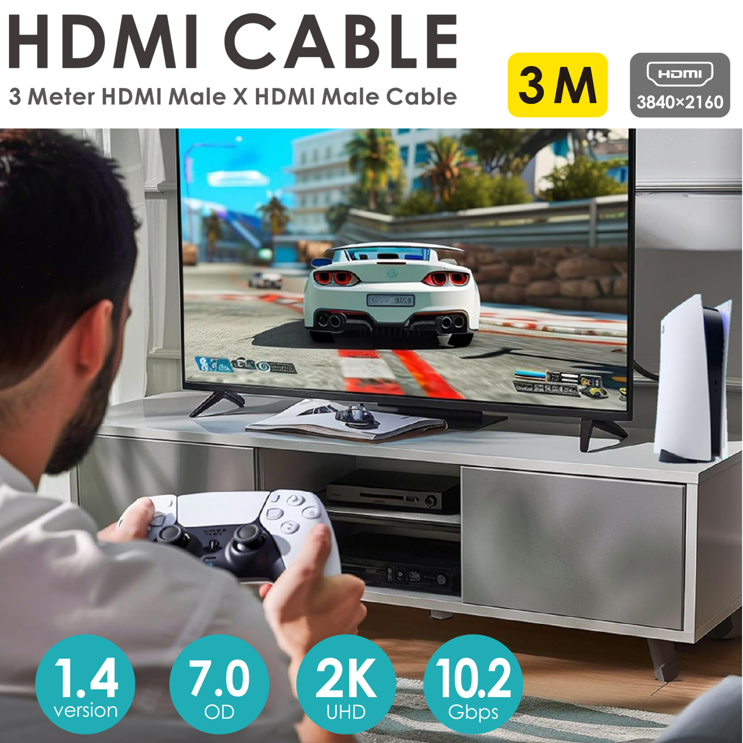 Hombre juega videojuego en TV mostrando un coche deportivo blanco. Info cable HDMI.