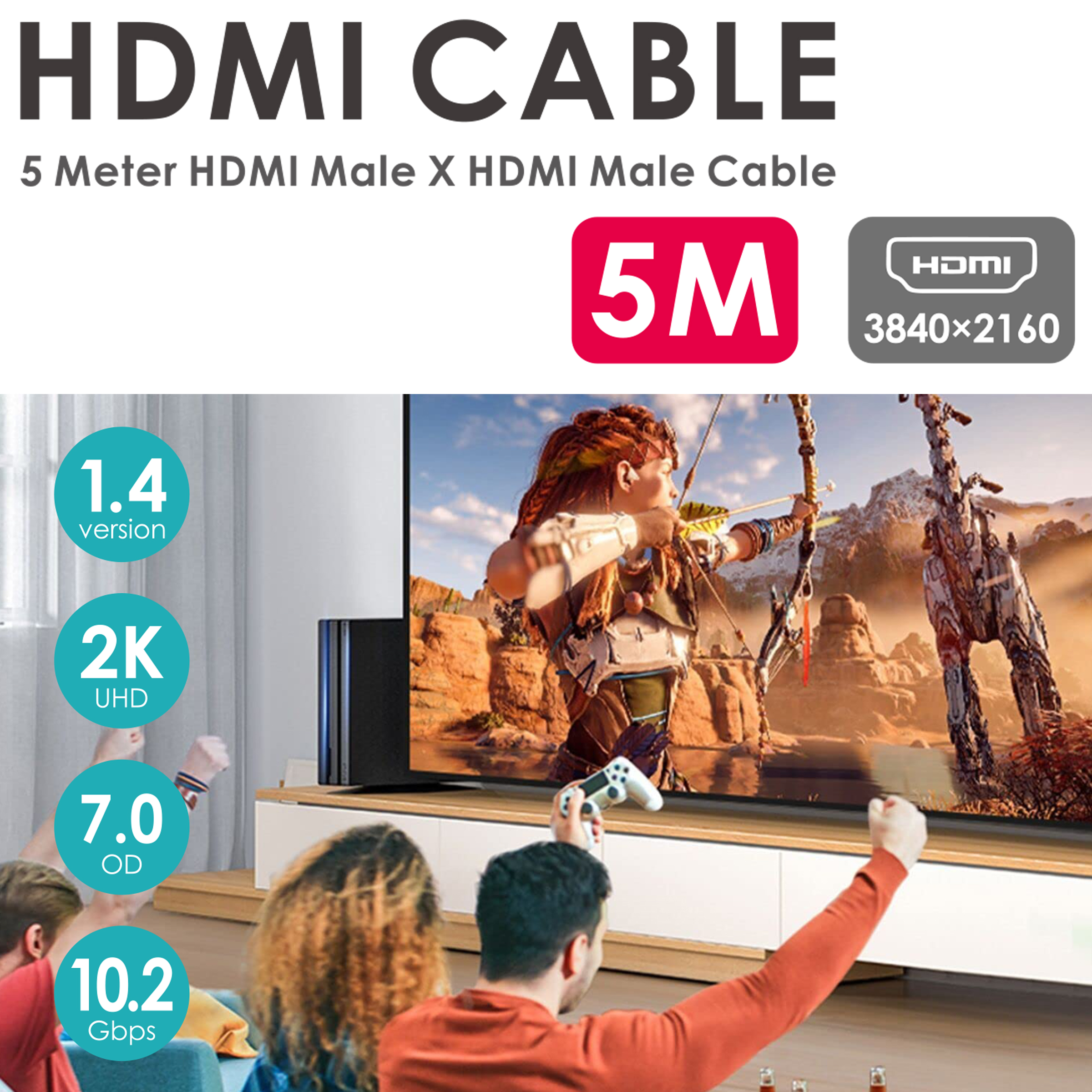 Cable HDMI, 5M, 2K UHD, 4K, Gamers viendo TV con mandos.