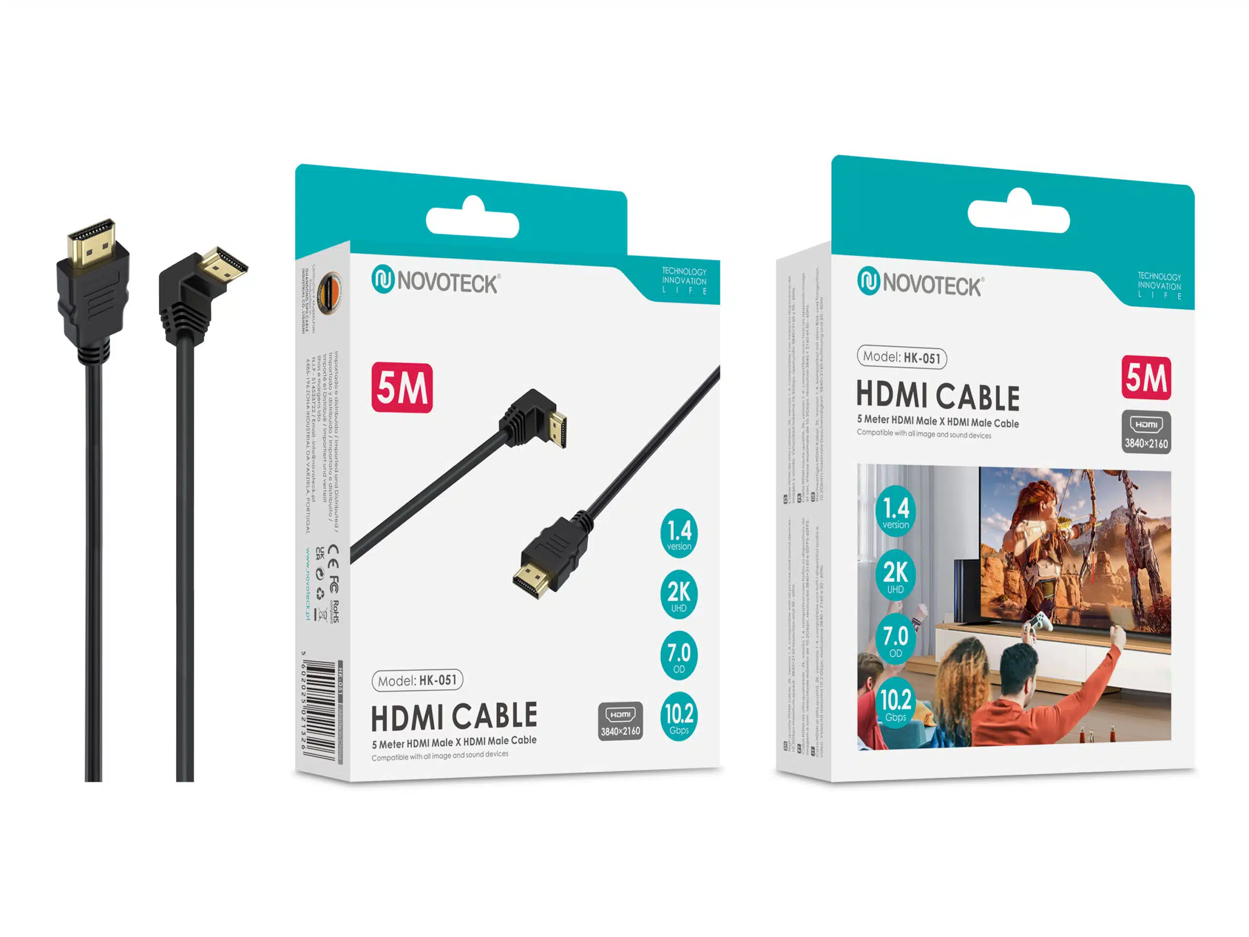 Dos cables HDMI negros, uno con conector en ángulo de 90 grados, y embalaje.