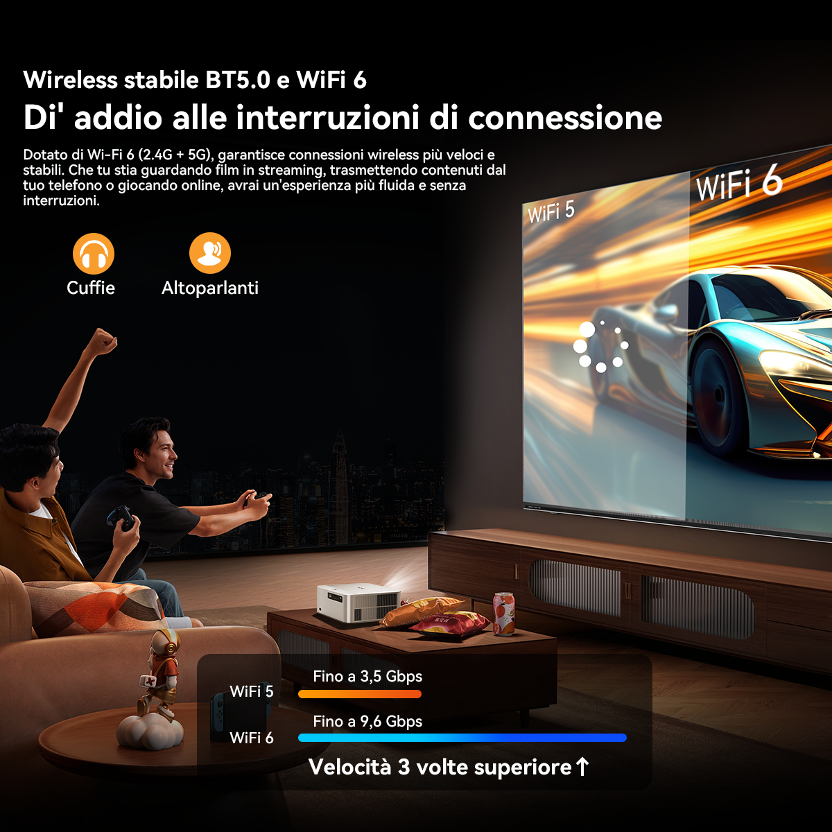 Due persone giocano ai videogiochi mentre un proiettore e una TV mostrano contenuti.