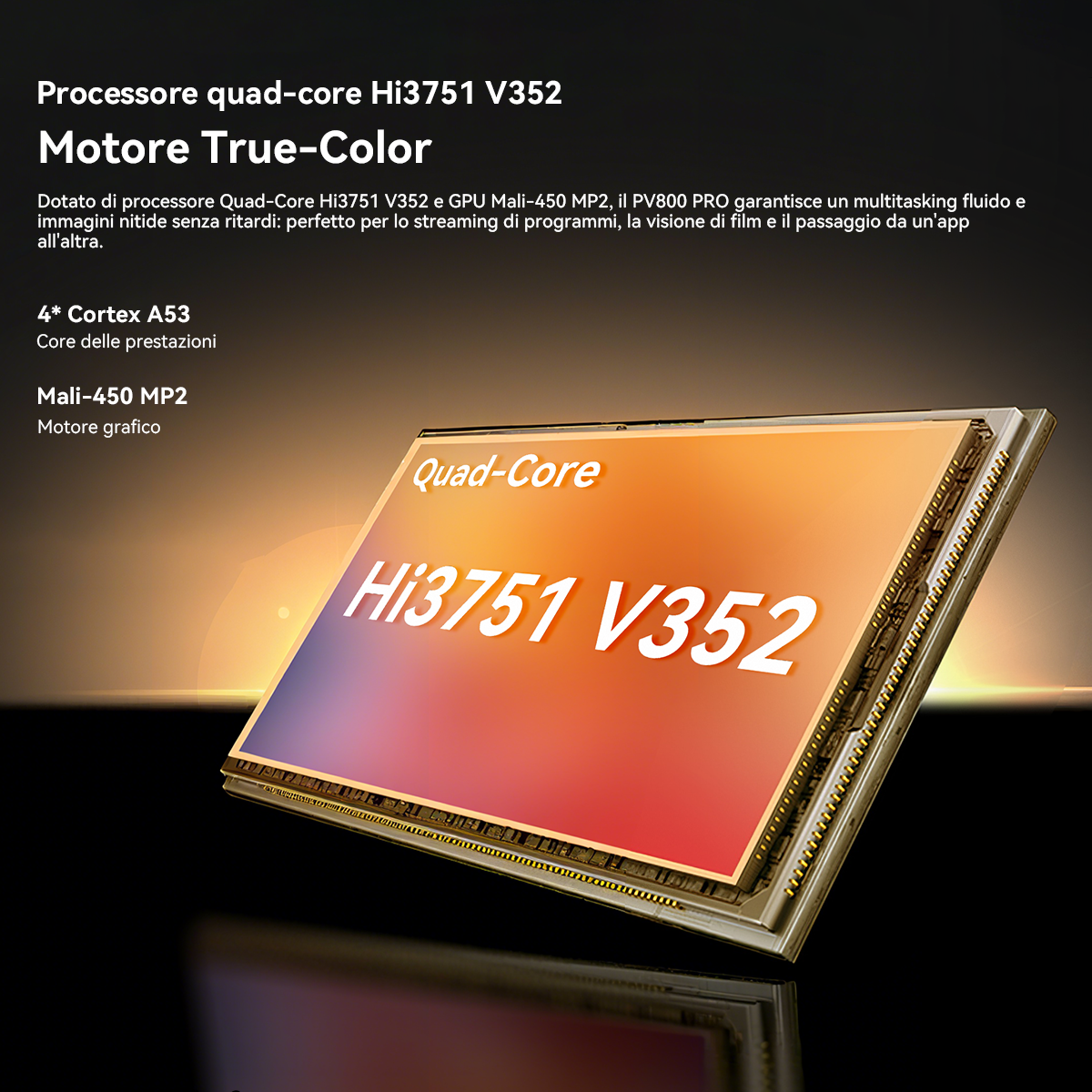 Processore Quad-Core Hi3751 V352 con True-Color Engine, GPU Mali-450 MP2.