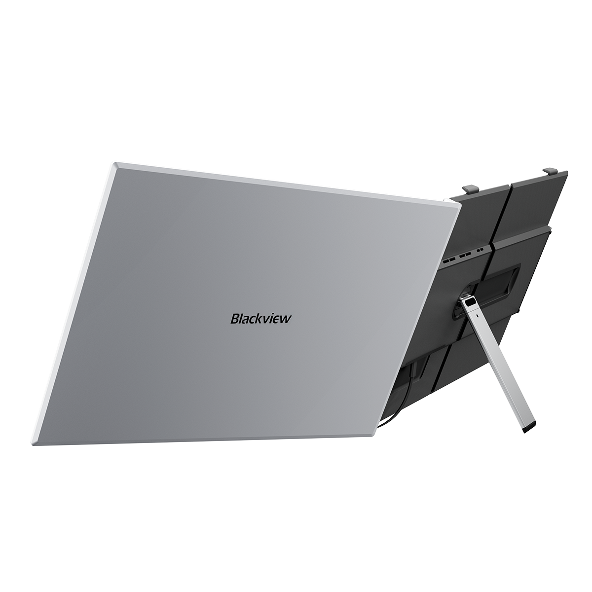 Tył srebrnego tabletu z podpórką. Widoczne logo Blackview.